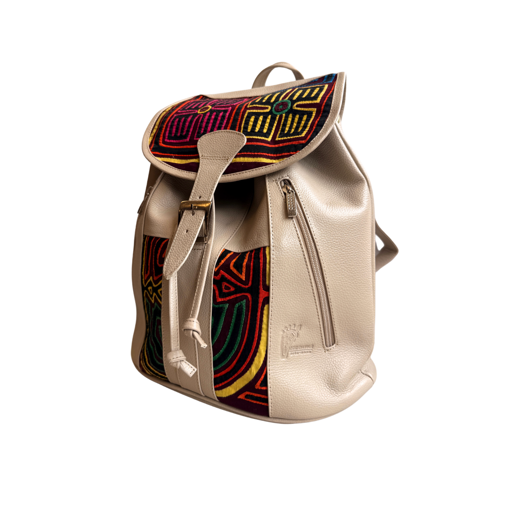 Handcrafted Mola and Leather Backpack I Handmade I Cream