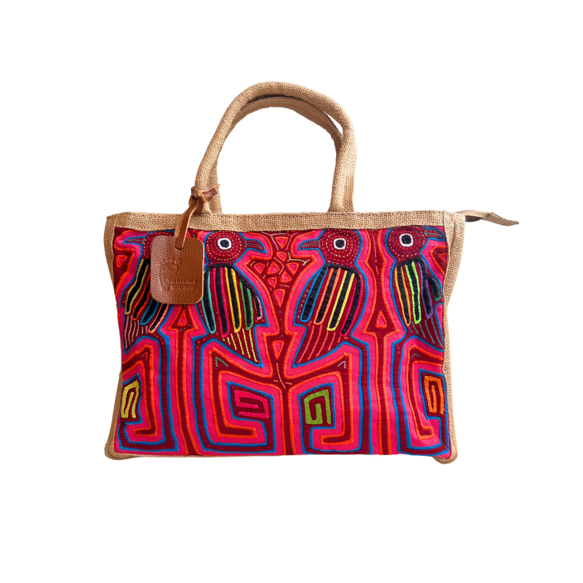 Handmade Burlap Shoulder Tote Bag with Authentic Kuna Mola Design | Rustic Yute | Handcrafted by the Kuna People of Panama | Pink Birds