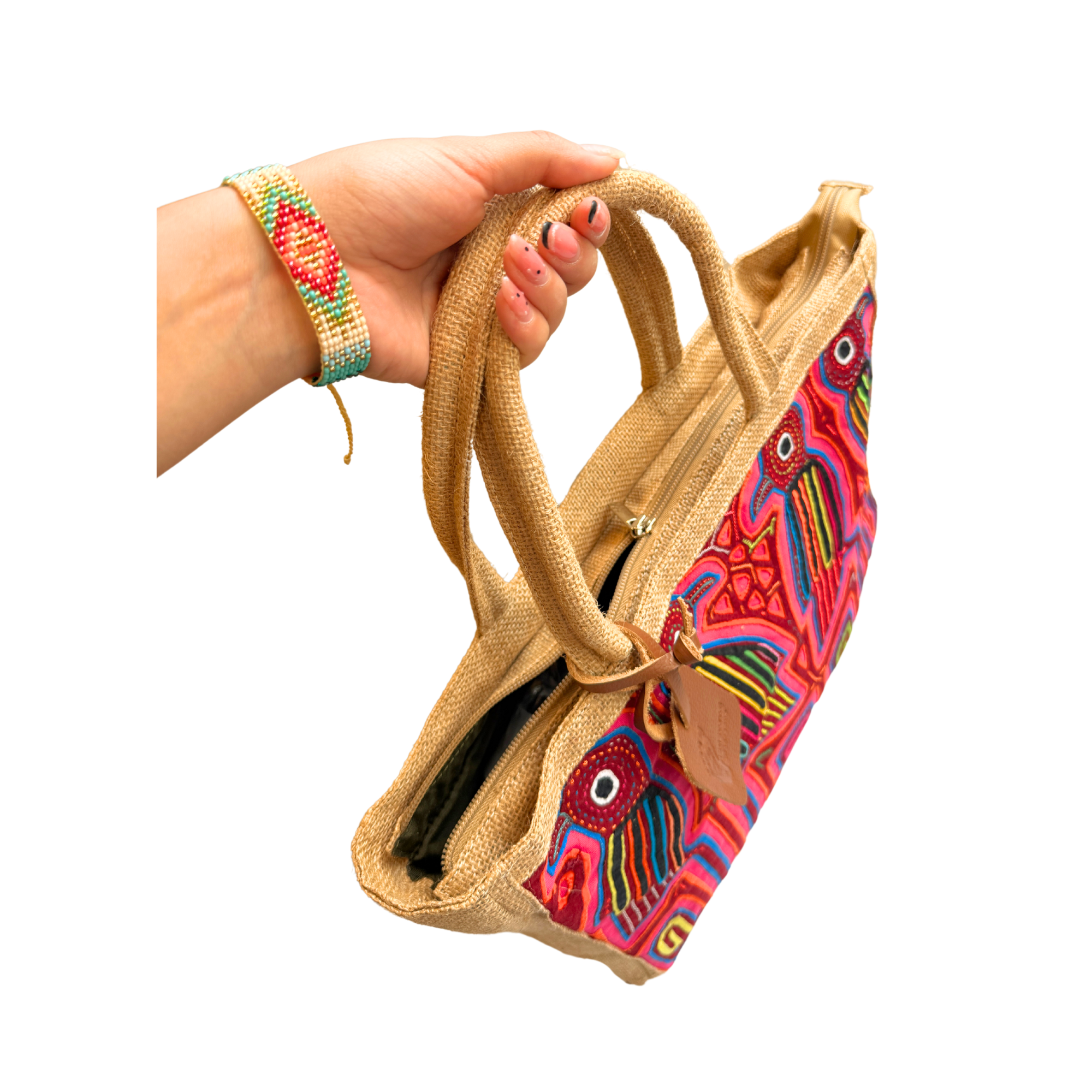 Handmade Burlap Shoulder Tote Bag with Authentic Kuna Mola Design | Rustic Yute | Handcrafted by the Kuna People of Panama | Pink Birds