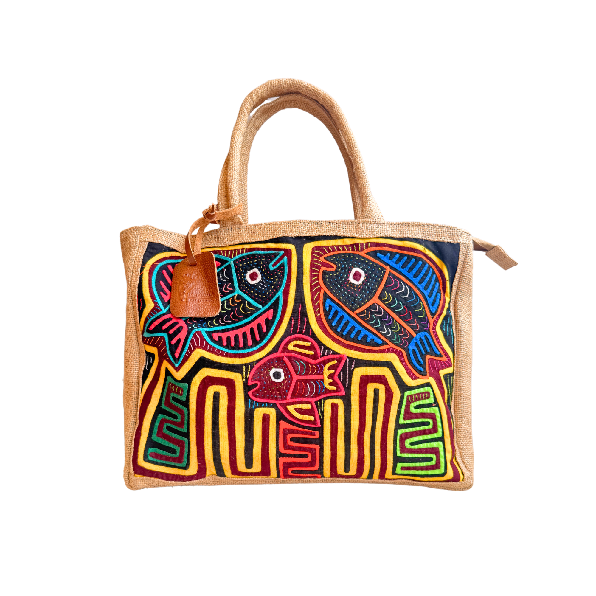 Handmade Burlap Shoulder Tote Bag with Authentic Kuna Mola Design | Rustic Yute | Handcrafted by the Kuna People of Panama | Fish
