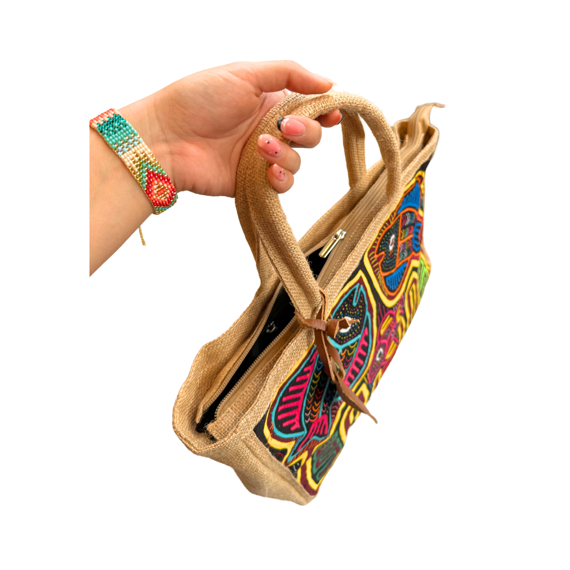 Handmade Burlap Shoulder Tote Bag with Authentic Kuna Mola Design | Rustic Yute | Handcrafted by the Kuna People of Panama | Fish