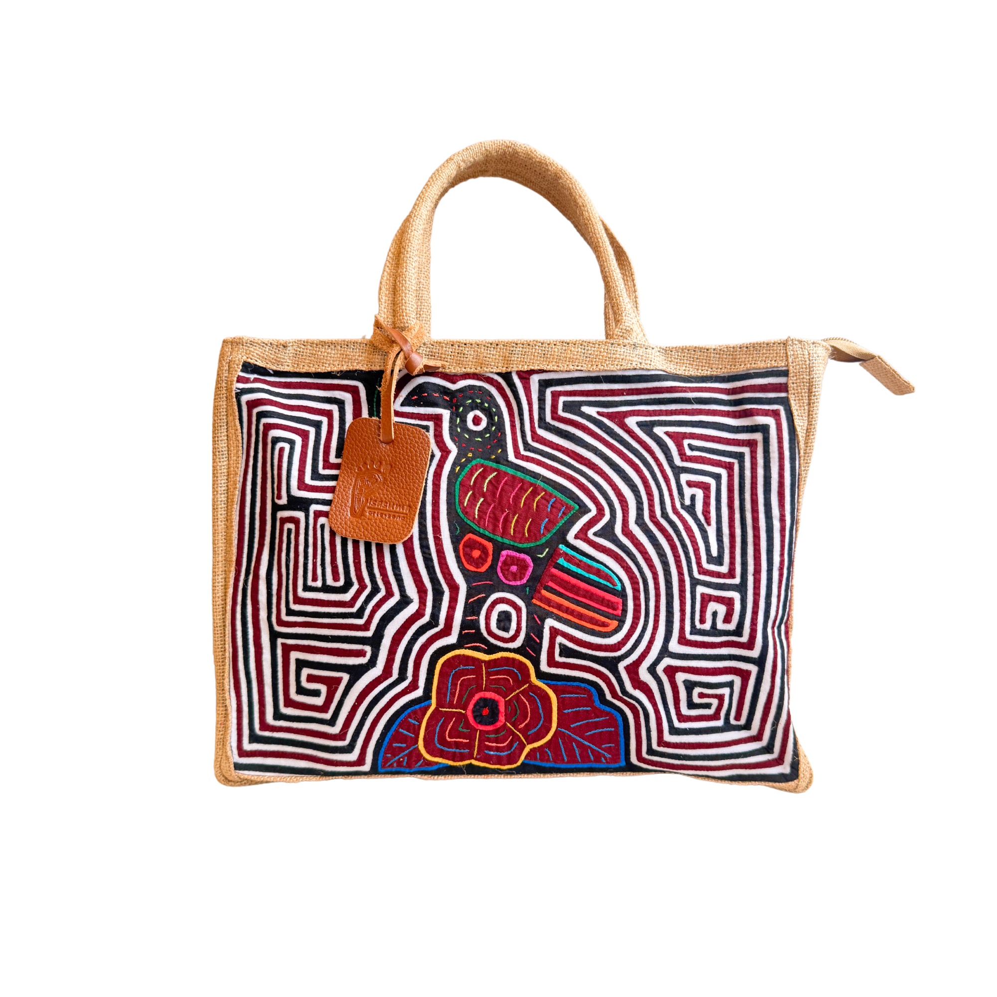 Handmade Burlap Shoulder Tote Bag with Authentic Kuna Mola Design | Rustic Yute | Handcrafted by the Kuna People of Panama | Bird and Flower