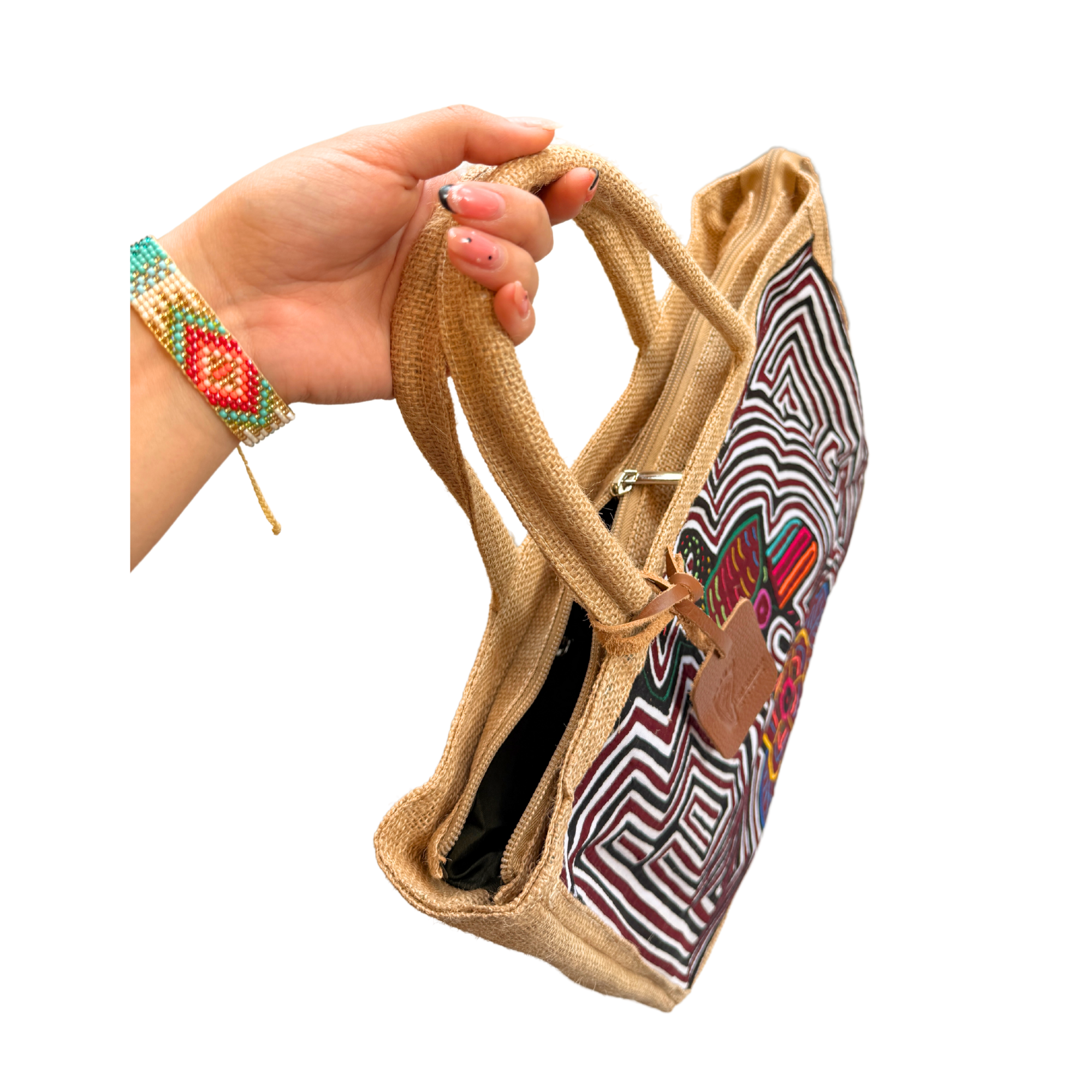 Handmade Burlap Shoulder Tote Bag with Authentic Kuna Mola Design | Rustic Yute | Handcrafted by the Kuna People of Panama | Bird and Flower