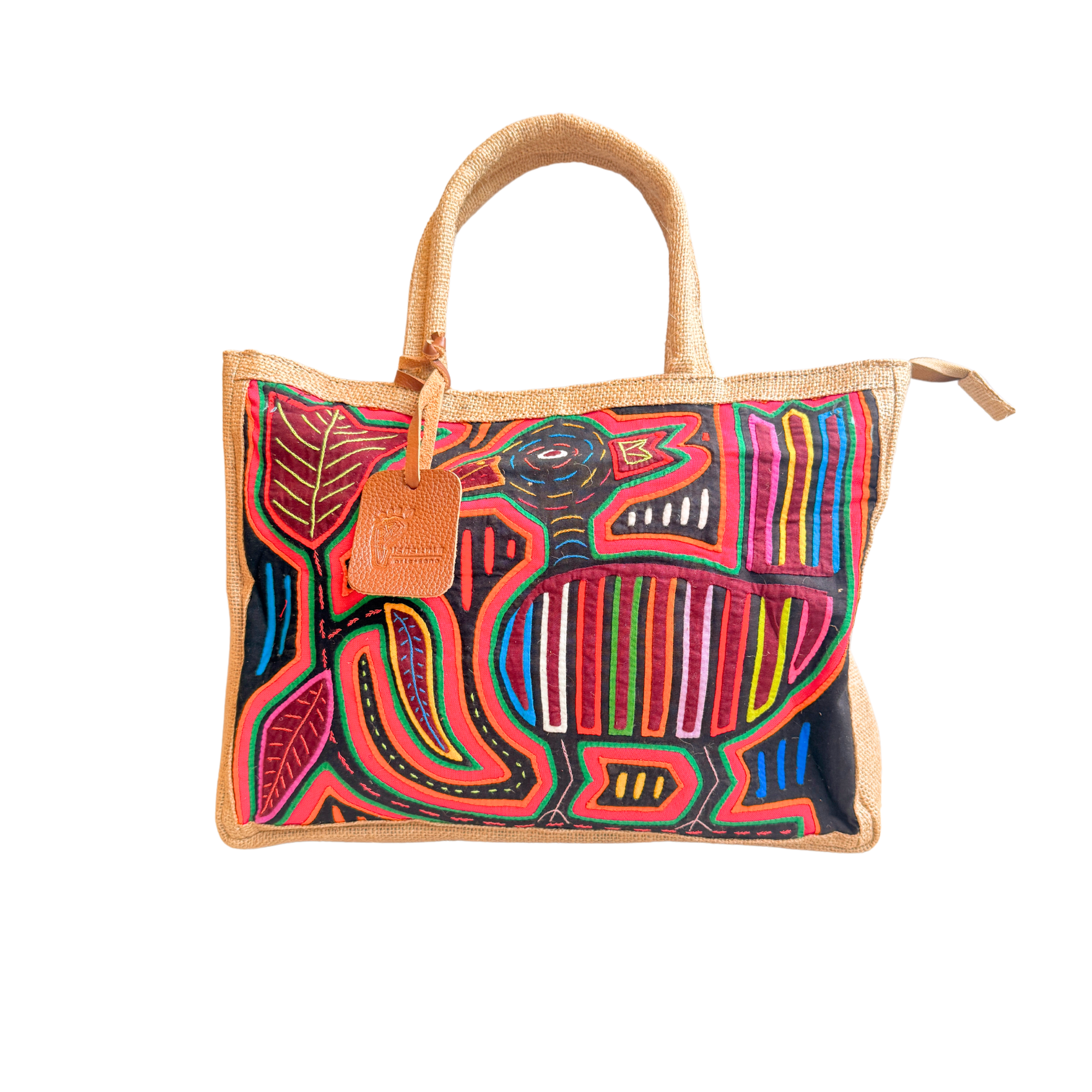 Handmade Burlap Shoulder Tote Bag with Authentic Kuna Mola Design | Rustic Yute | Handcrafted by the Kuna People of Panama | Red Duck