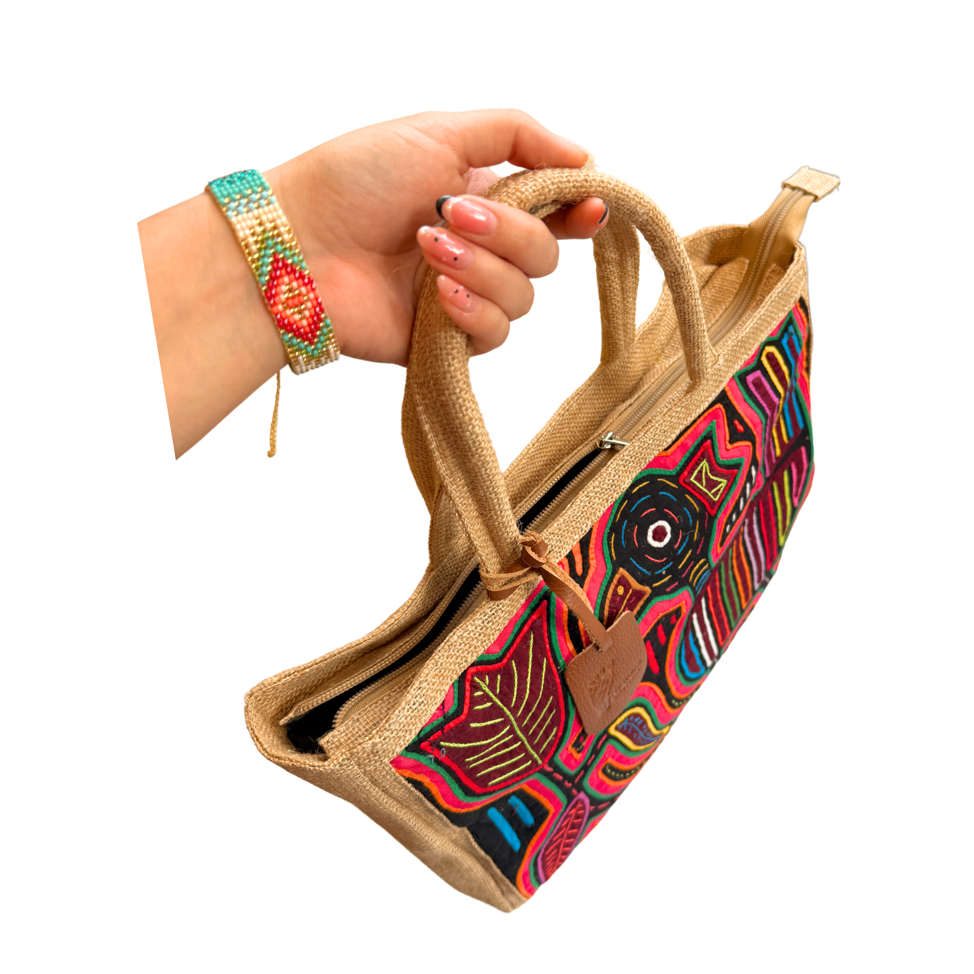 Handmade Burlap Shoulder Tote Bag with Authentic Kuna Mola Design | Rustic Yute | Handcrafted by the Kuna People of Panama | Red Duck