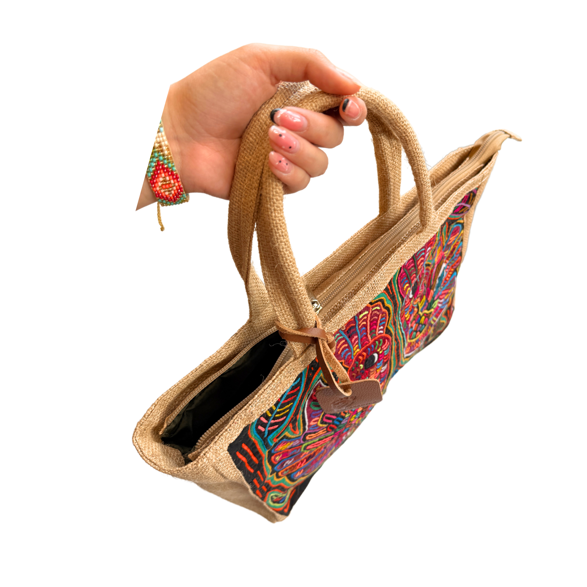 Handmade Burlap Shoulder Tote Bag with Authentic Kuna Mola Design | Rustic Yute | Handcrafted by the Kuna People of Panama | Peacocks