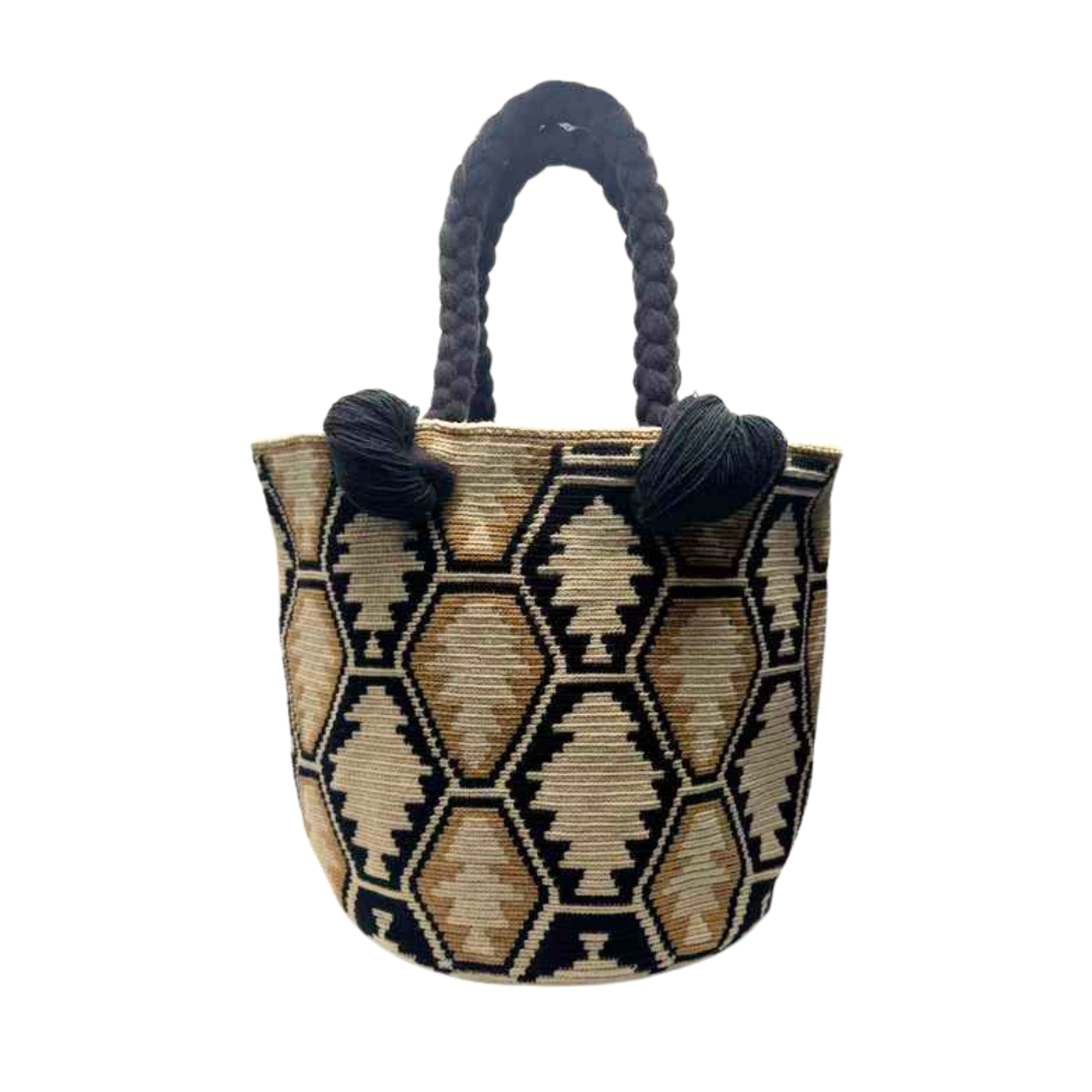X-Large Colombian Wayuu Mochila Tote Bag | Handmade | Beige with brown and black hexagons
