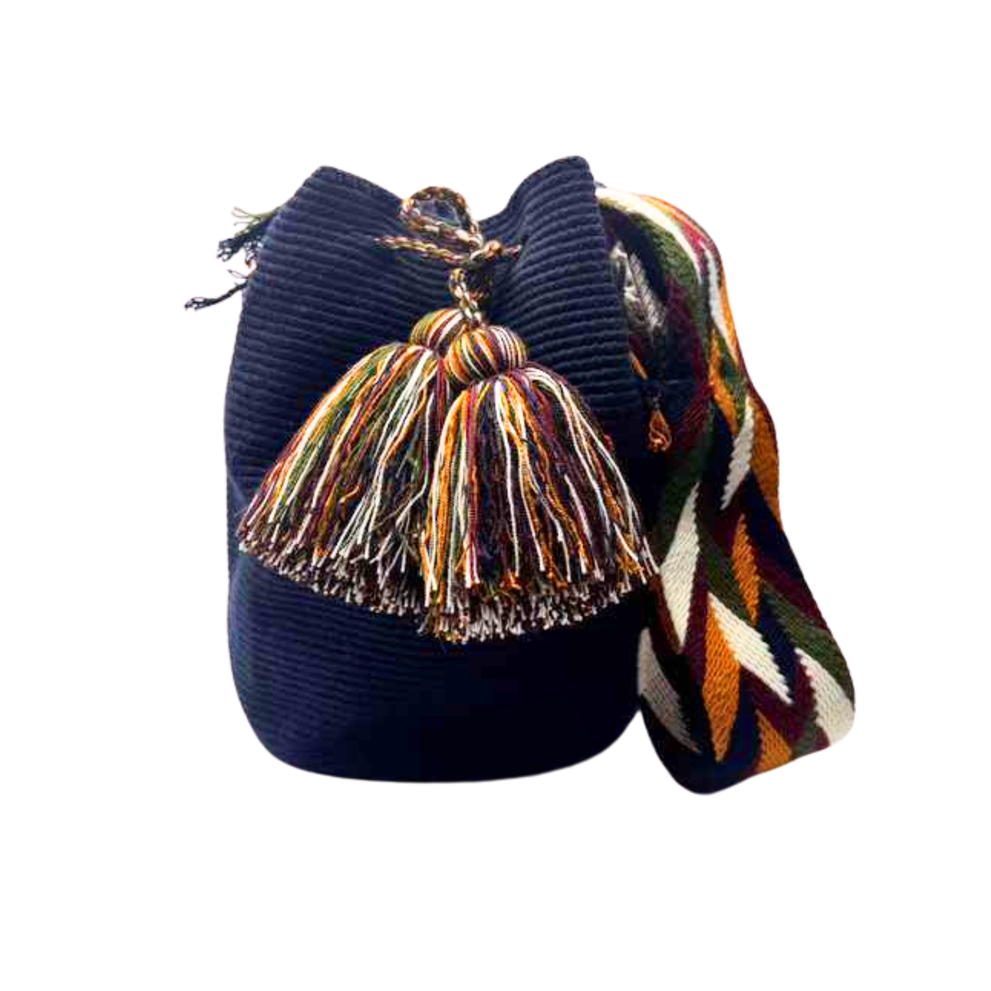 Large Unicolor Wayuu Mochila Bag | Dark Blue Strap orange burgundy and white | Handmade in Colombia