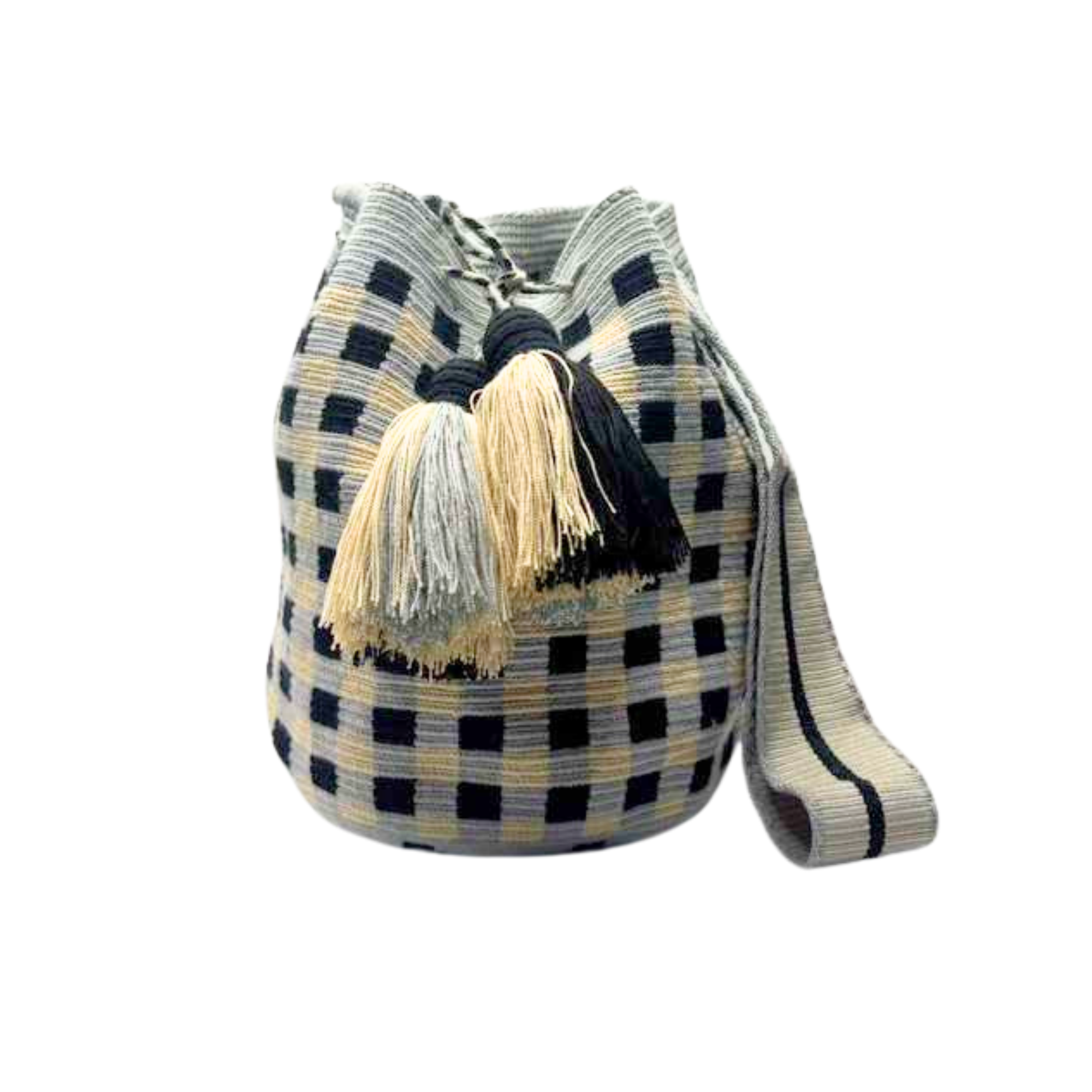 Wayuu mochila bag | Large Traditional Deluxe | Grey, black and Beige Squares