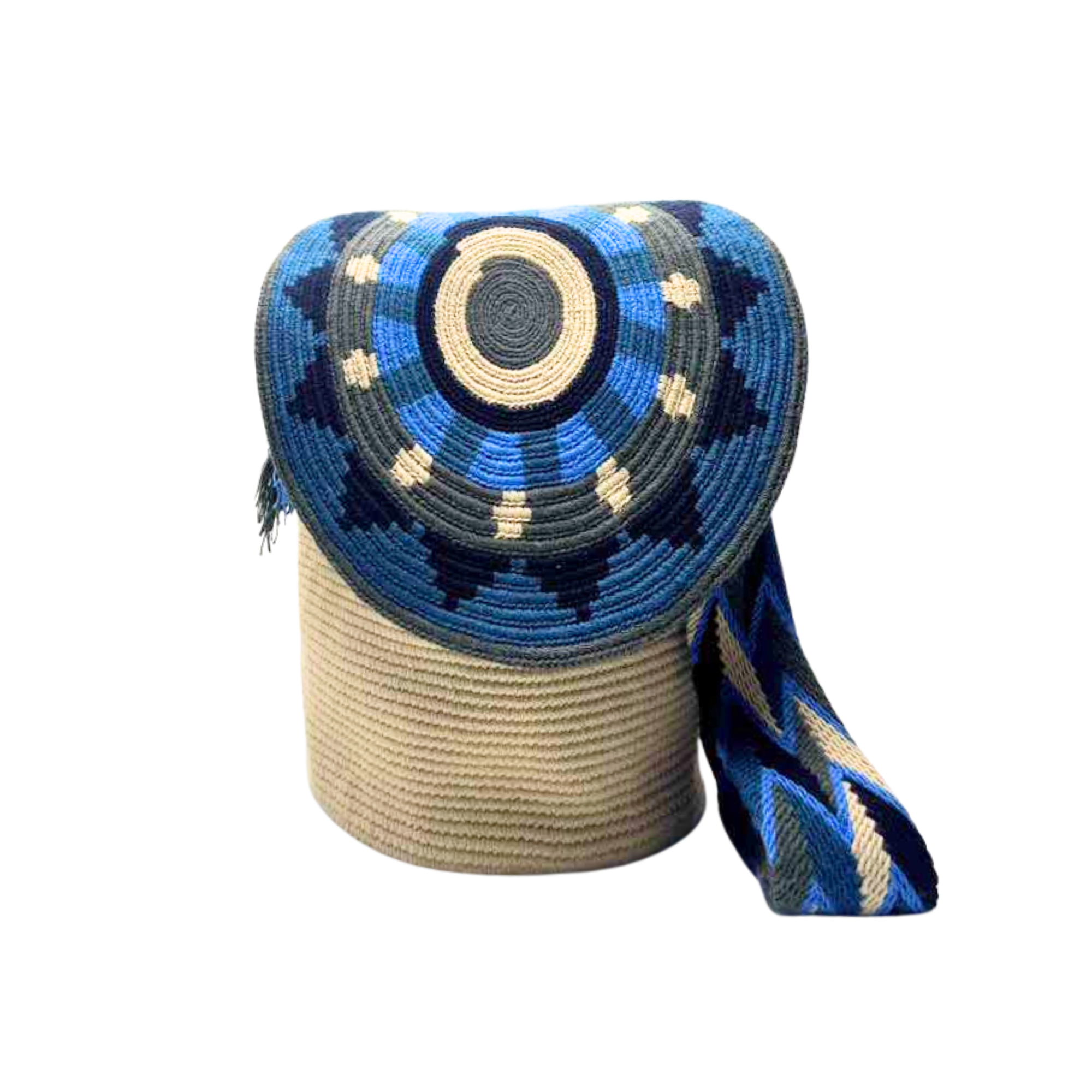 Large Unicolor Wayuu Mochila Bag | Beige and Blue with Lid | Handmade in Colombia