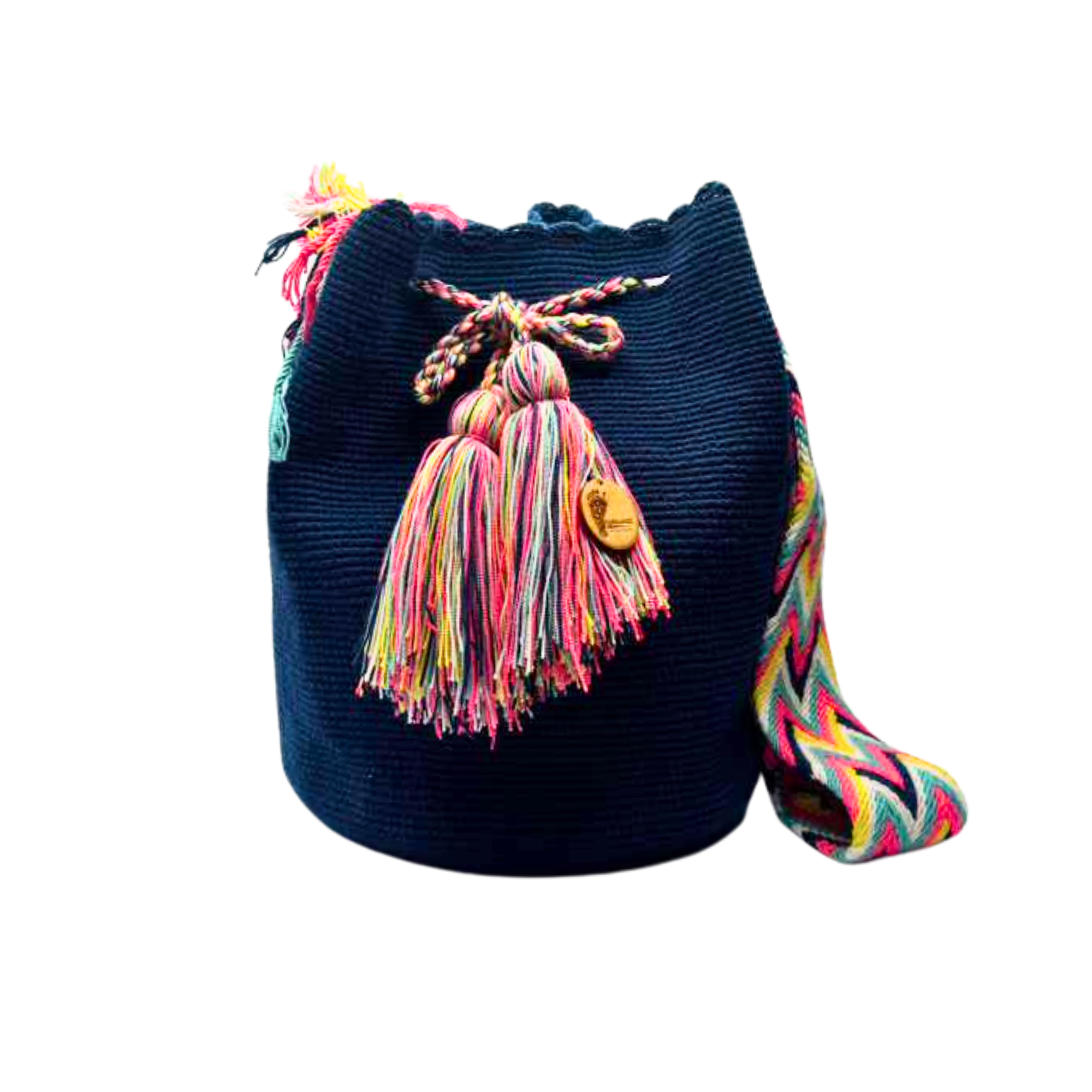 Large Unicolor Wayuu Mochila Bag | Petroleum blue and colorful strap | Handmade in Colombia