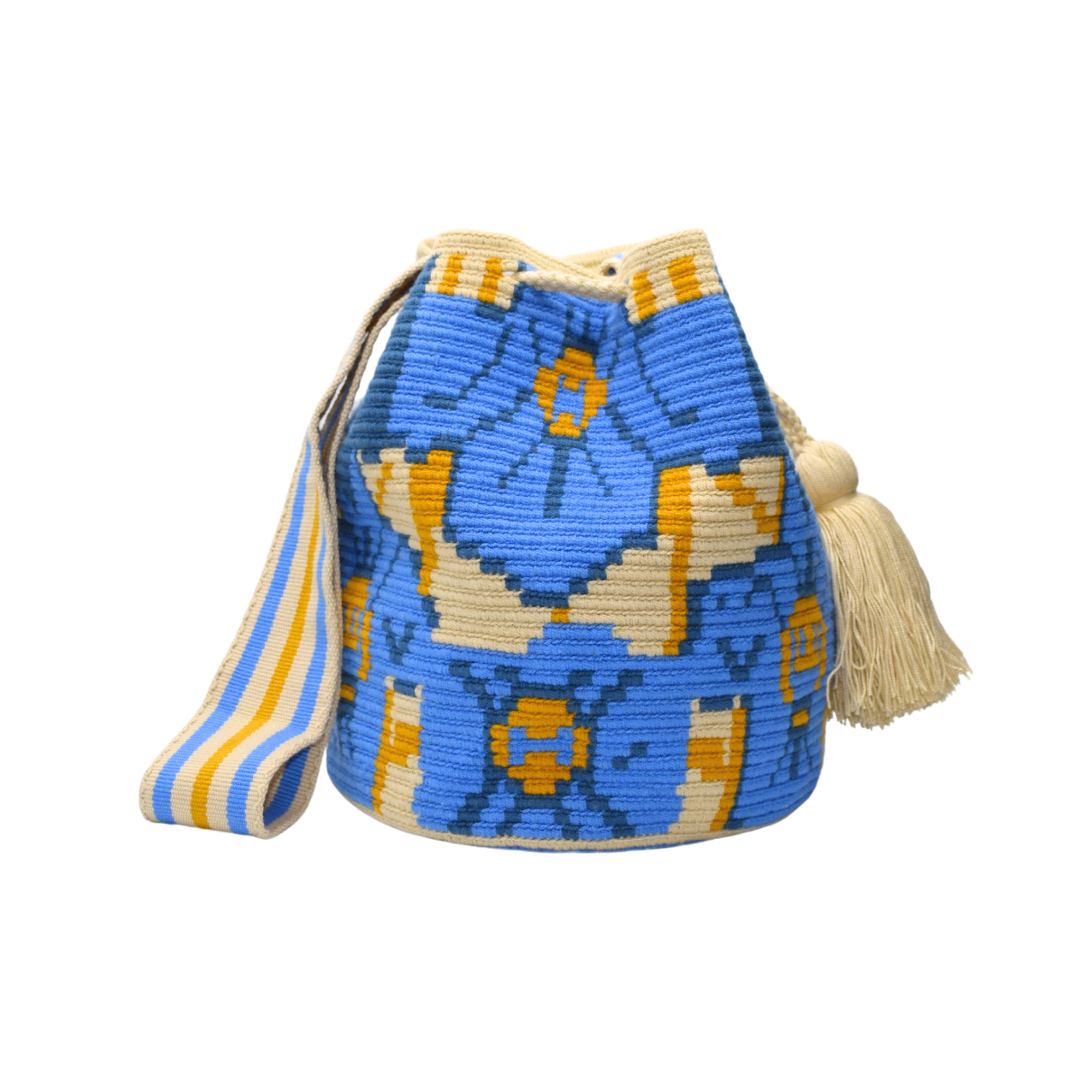 Wayuu mochila bag | Large Traditional Deluxe | Blue flowers yellow lines
