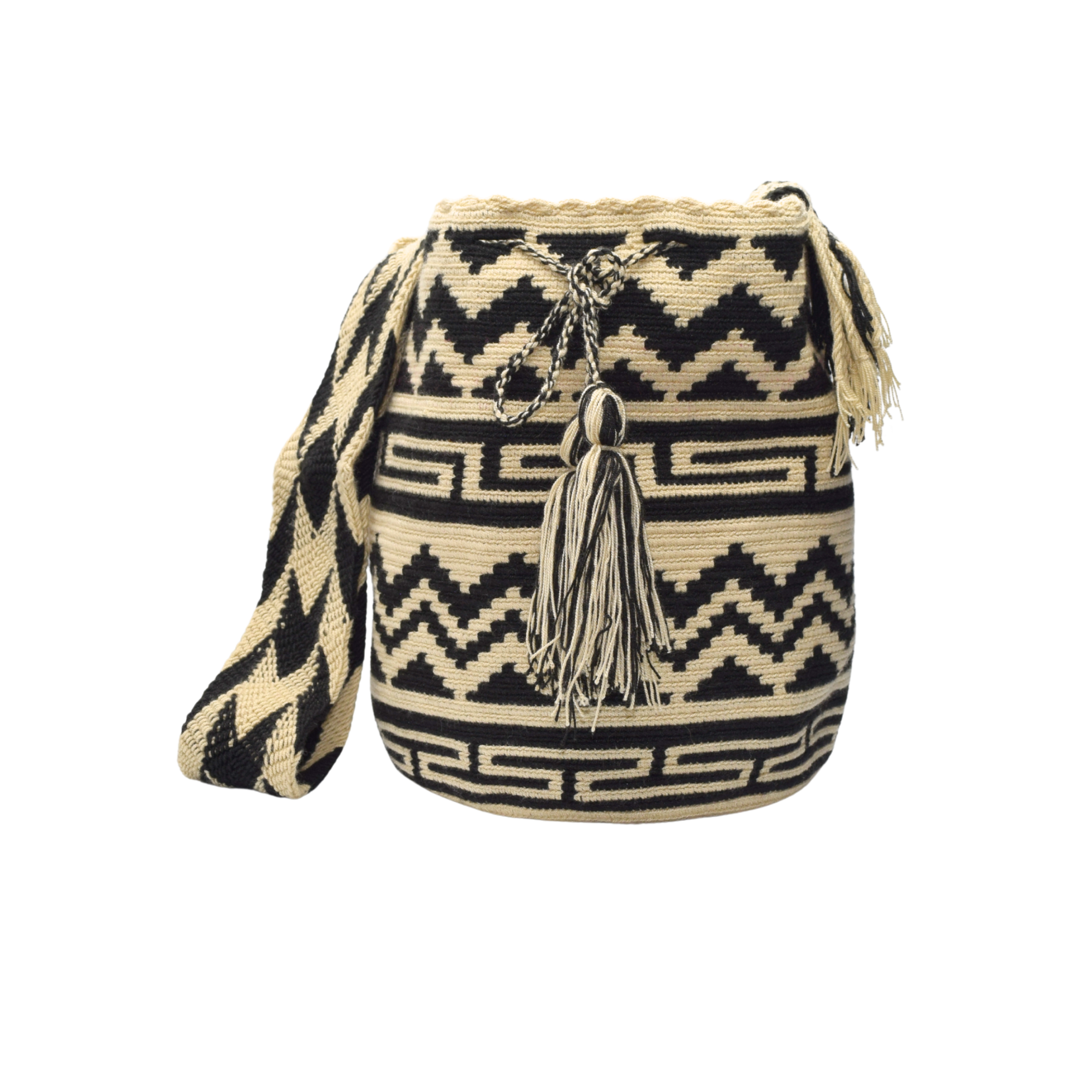 Wayuu mochila bag | Large Traditional Deluxe | Beige and black zig zag