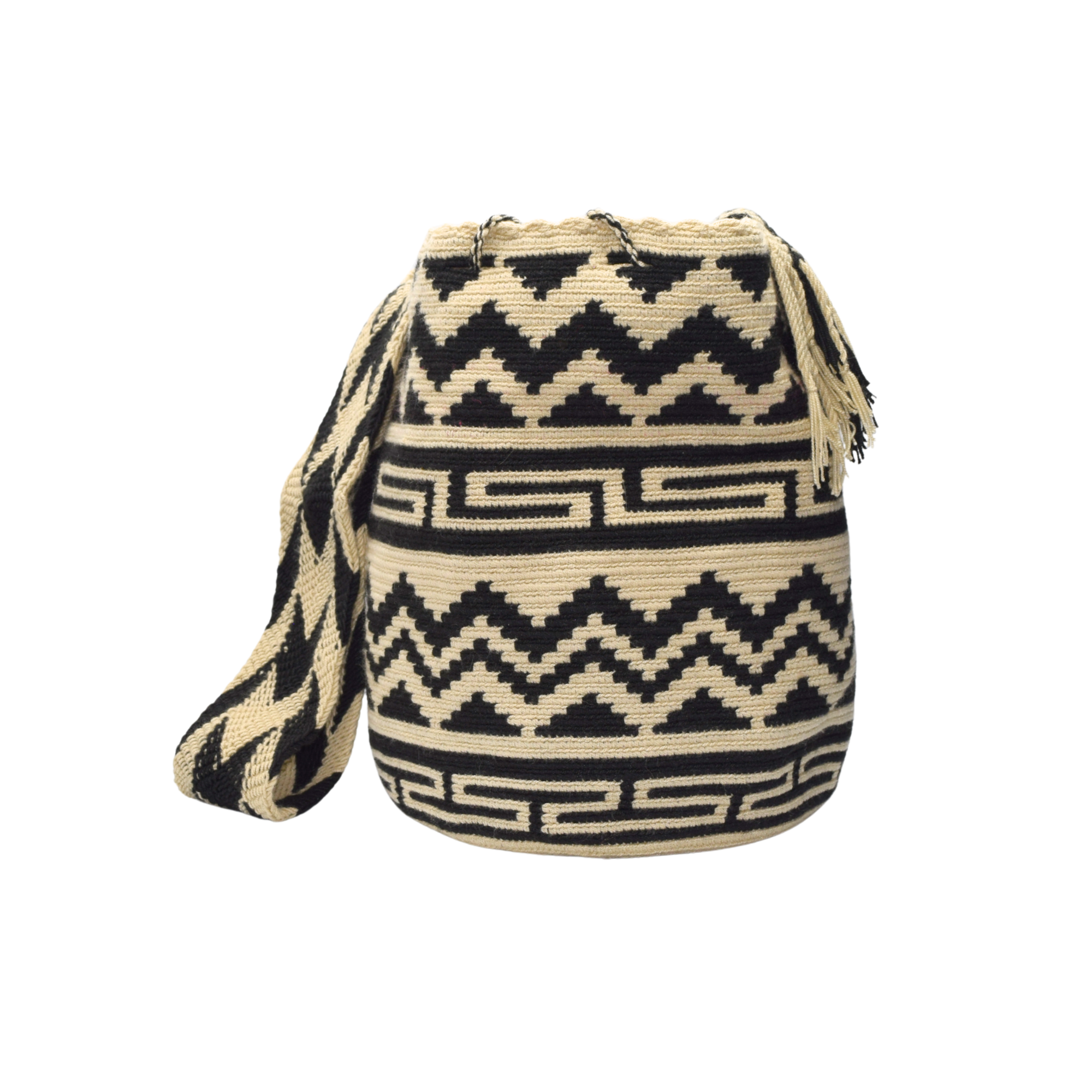 Wayuu mochila bag | Large Traditional Deluxe | Beige and black zig zag