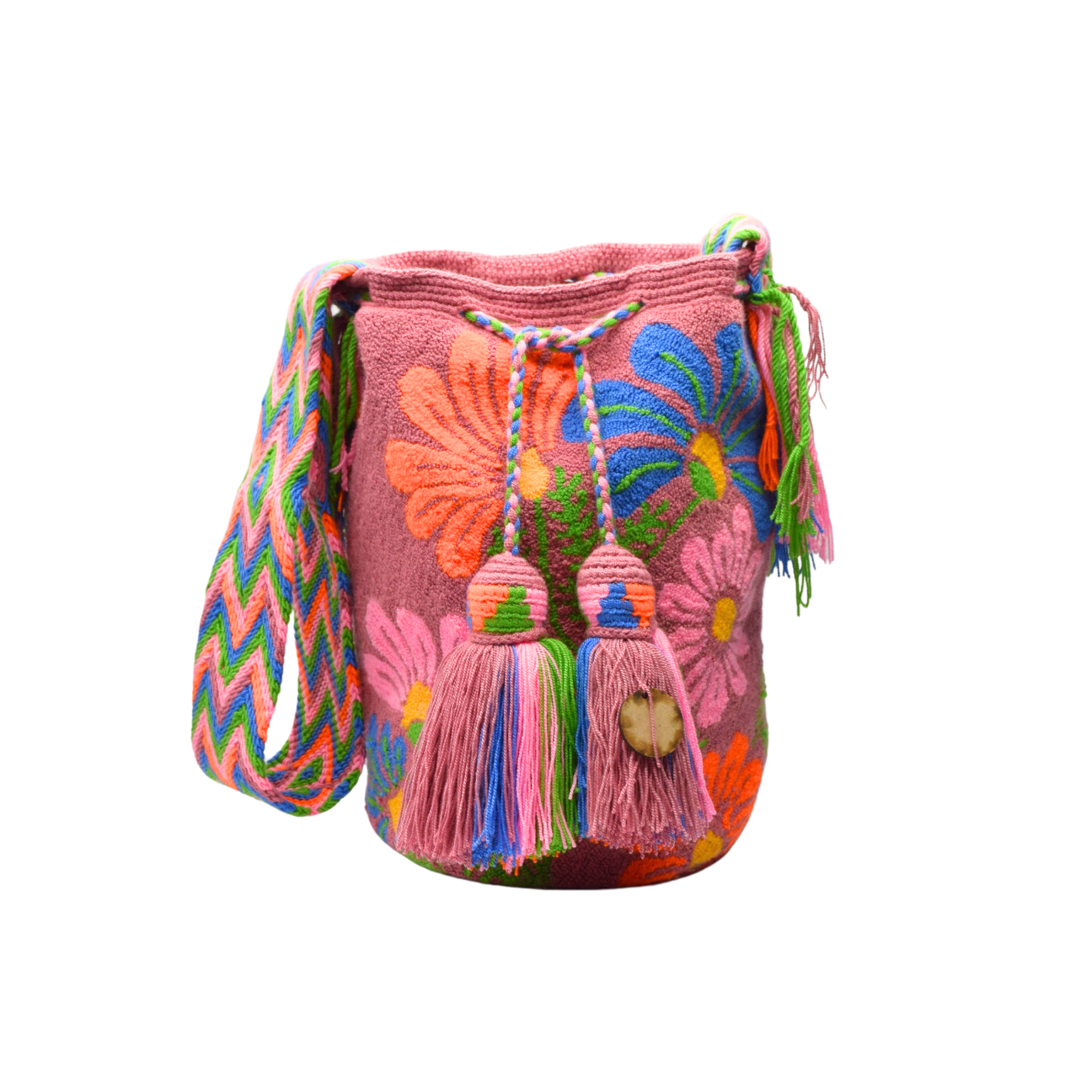 Wayuu mochila bag | Large Traditional Deluxe | Tapizada Pink flowers