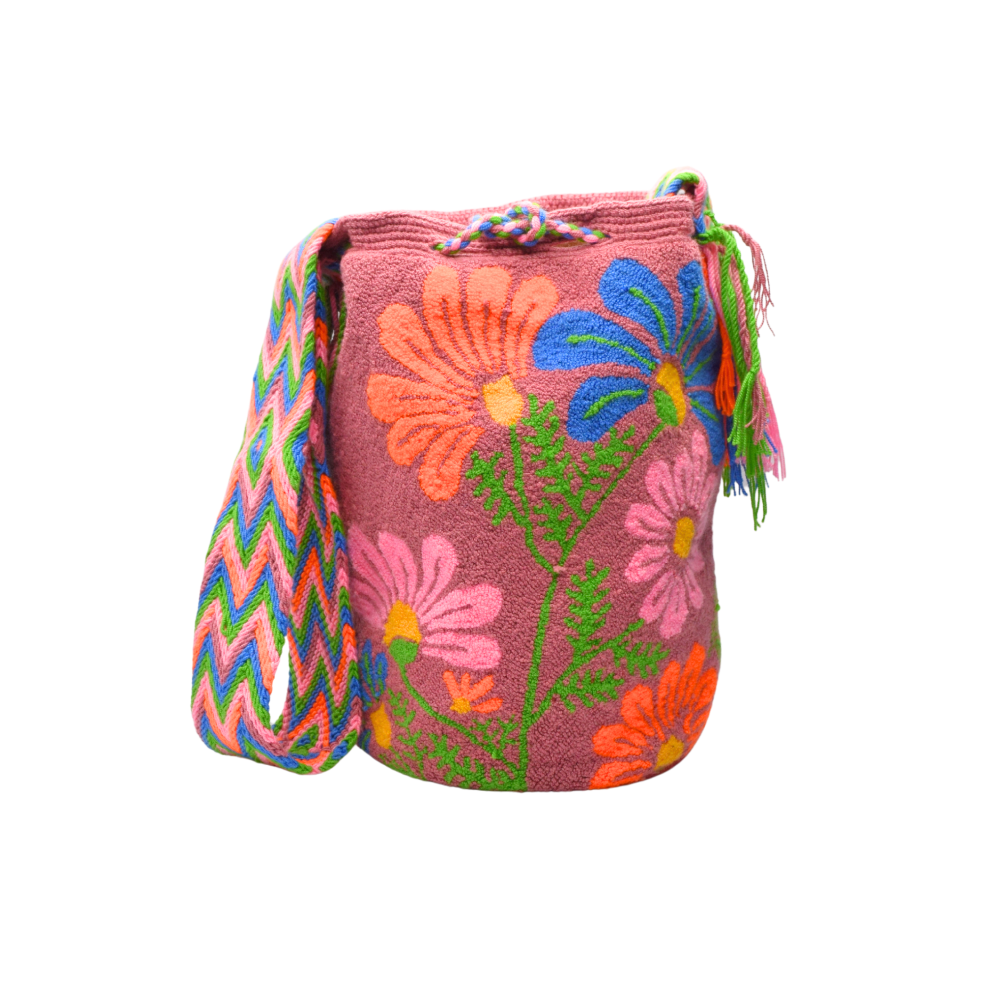 Wayuu mochila bag | Large Traditional Deluxe | Tapizada Pink flowers