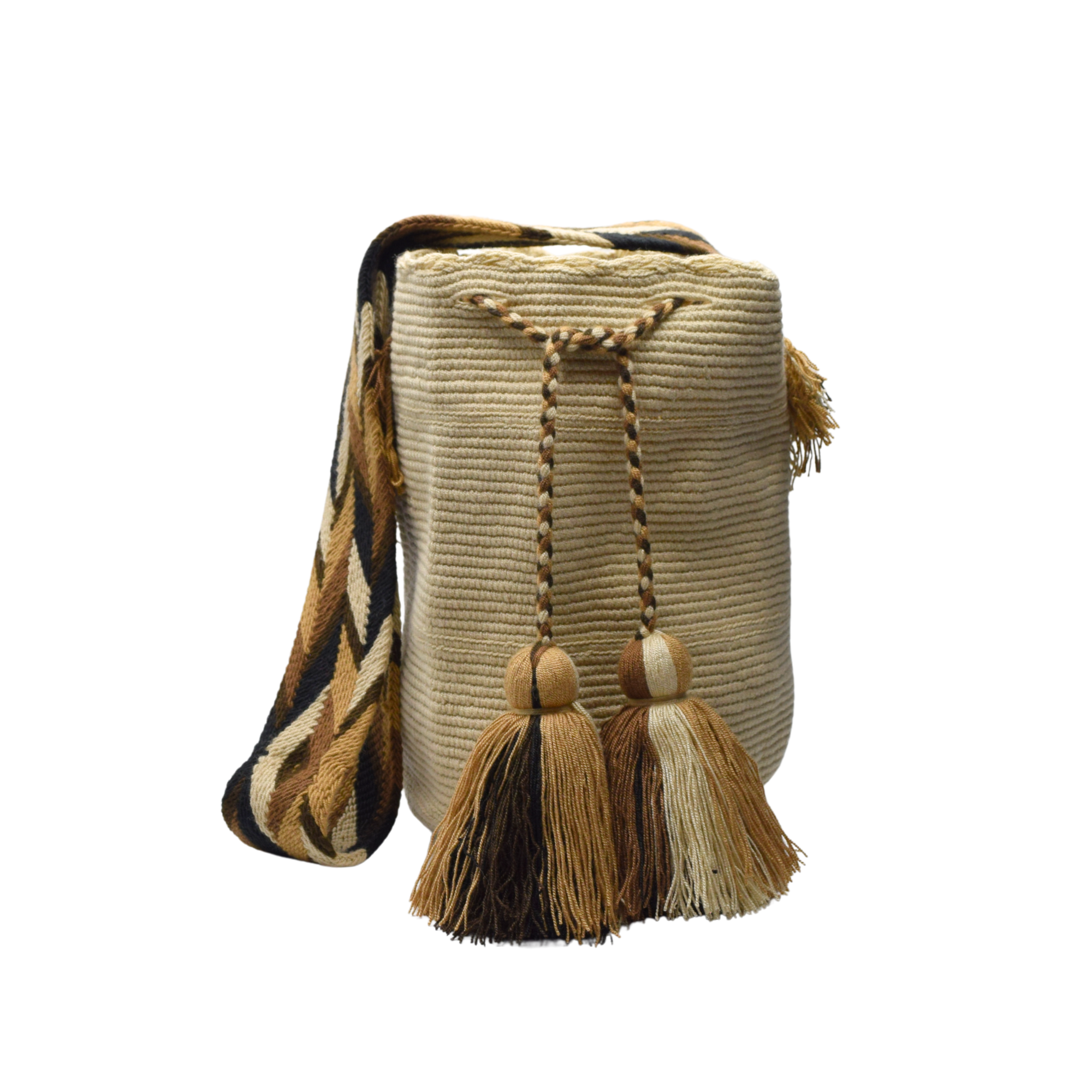 Wayuu mochila bag | Large Traditional Deluxe | Unicolor beige and brown strap