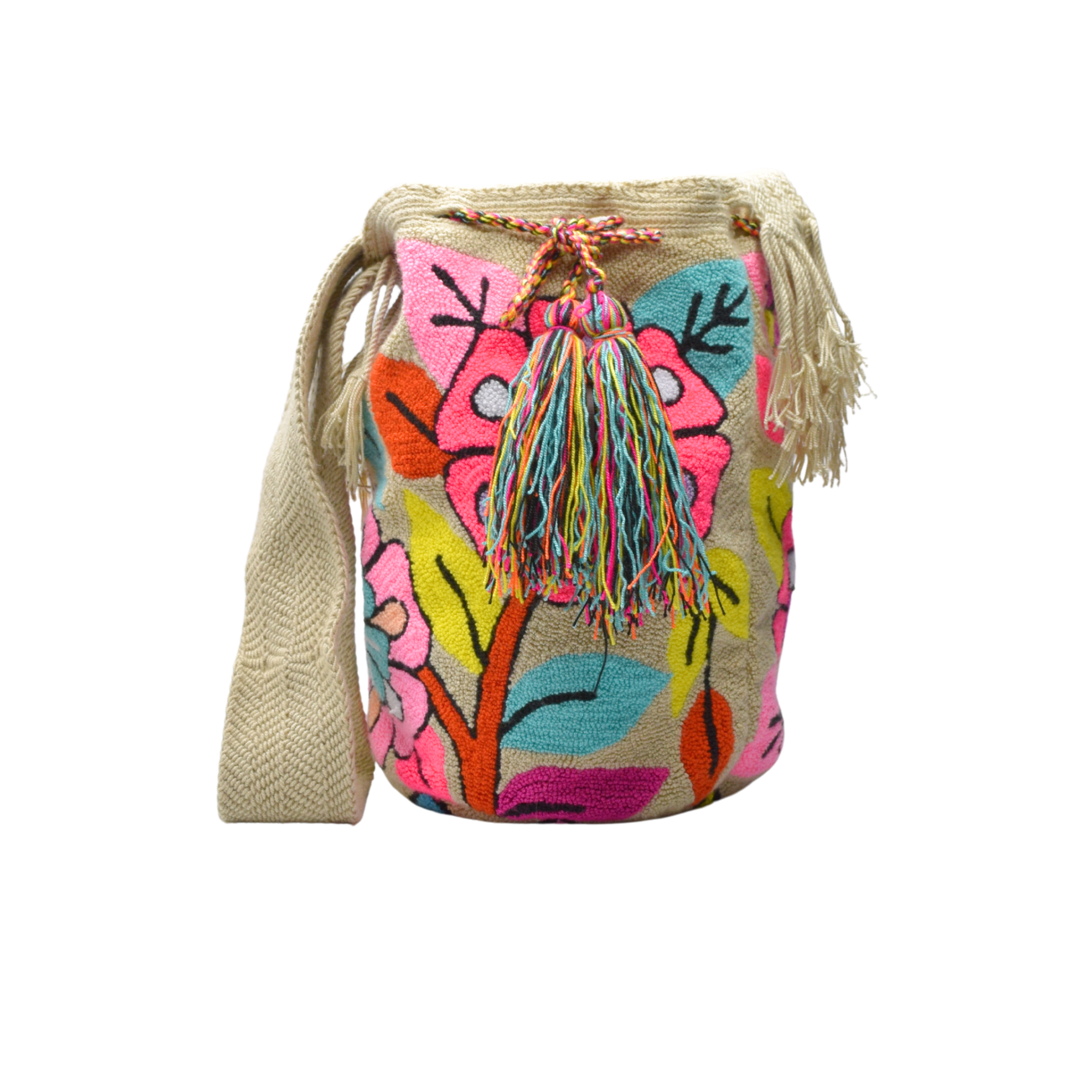 Wayuu mochila bag | Large Traditional Deluxe | Tapizada beige pink flower
