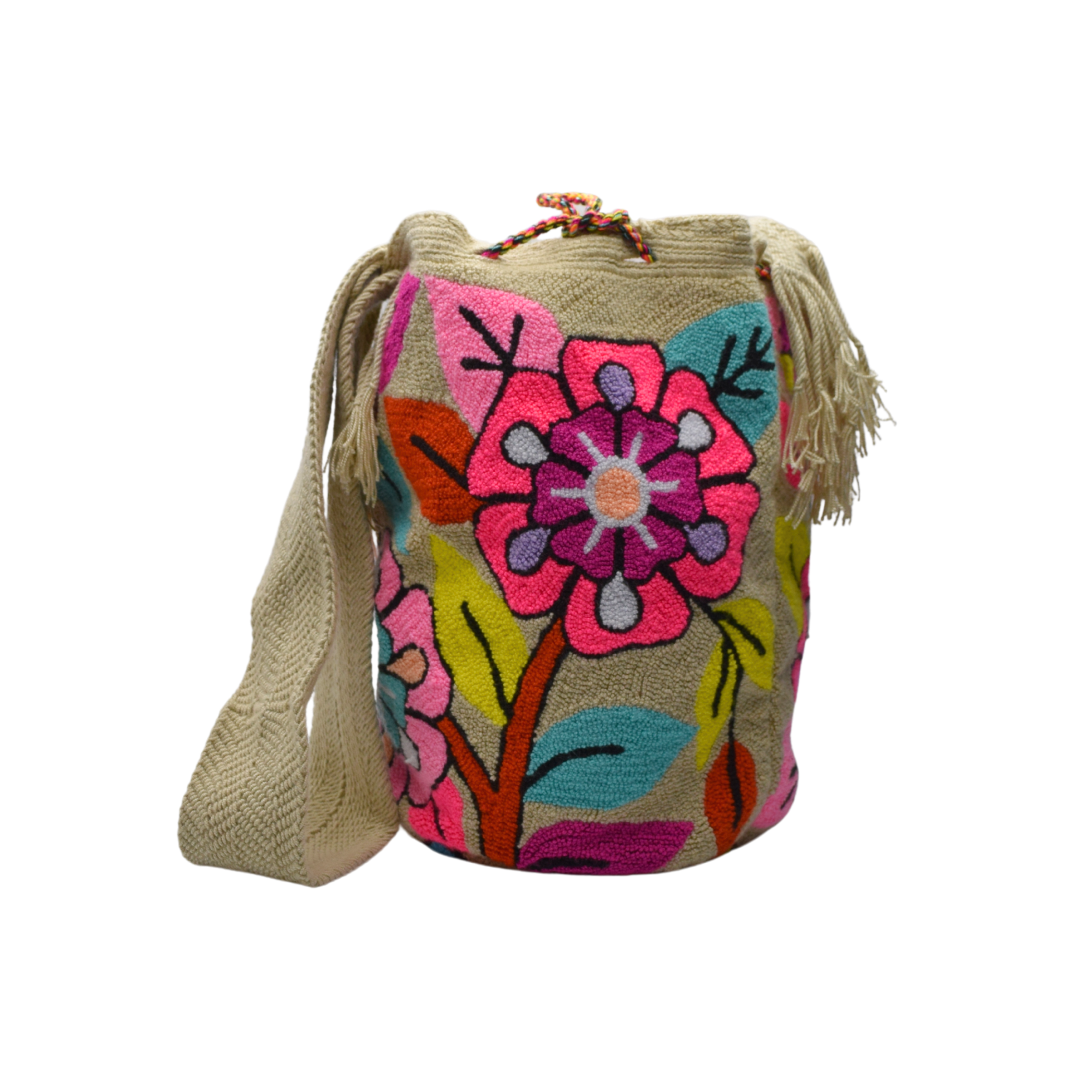 Wayuu mochila bag | Large Traditional Deluxe | Tapizada beige pink flower