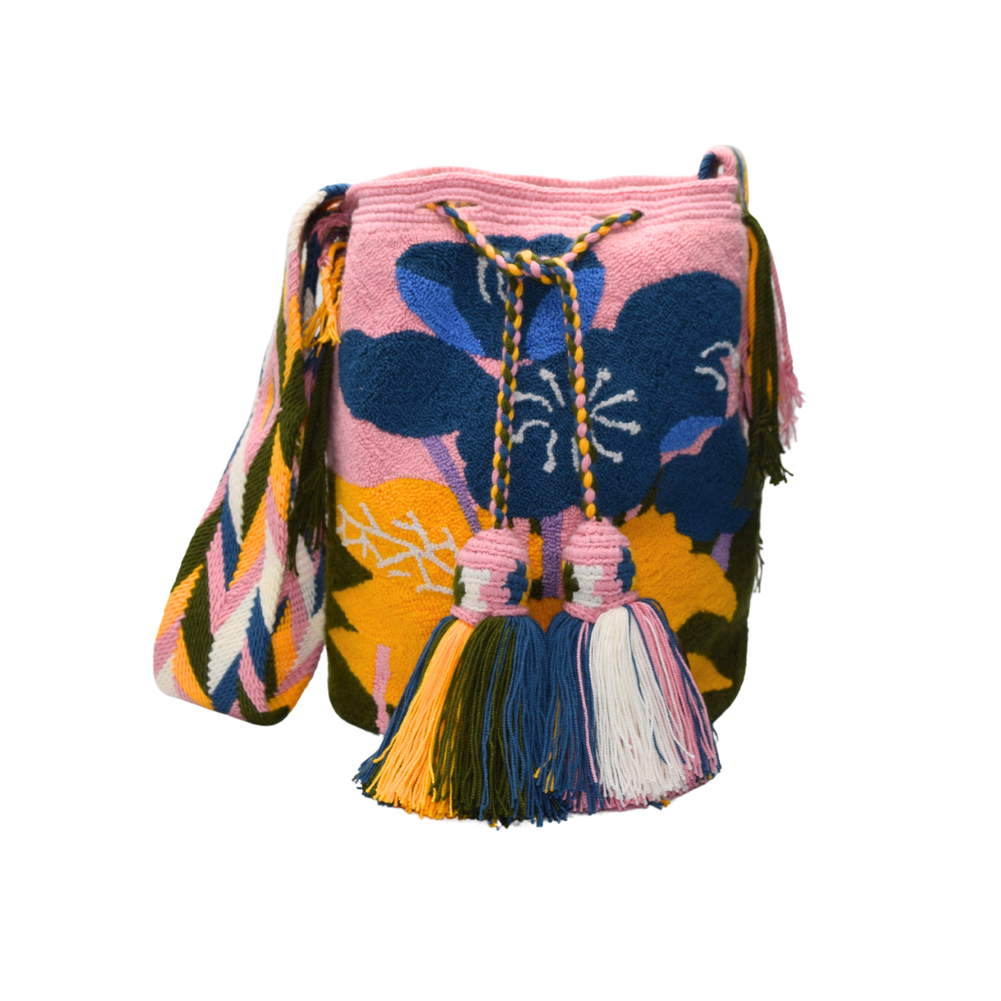 Wayuu mochila bag | Large Traditional Deluxe | Tapizada Pink Blue flowers