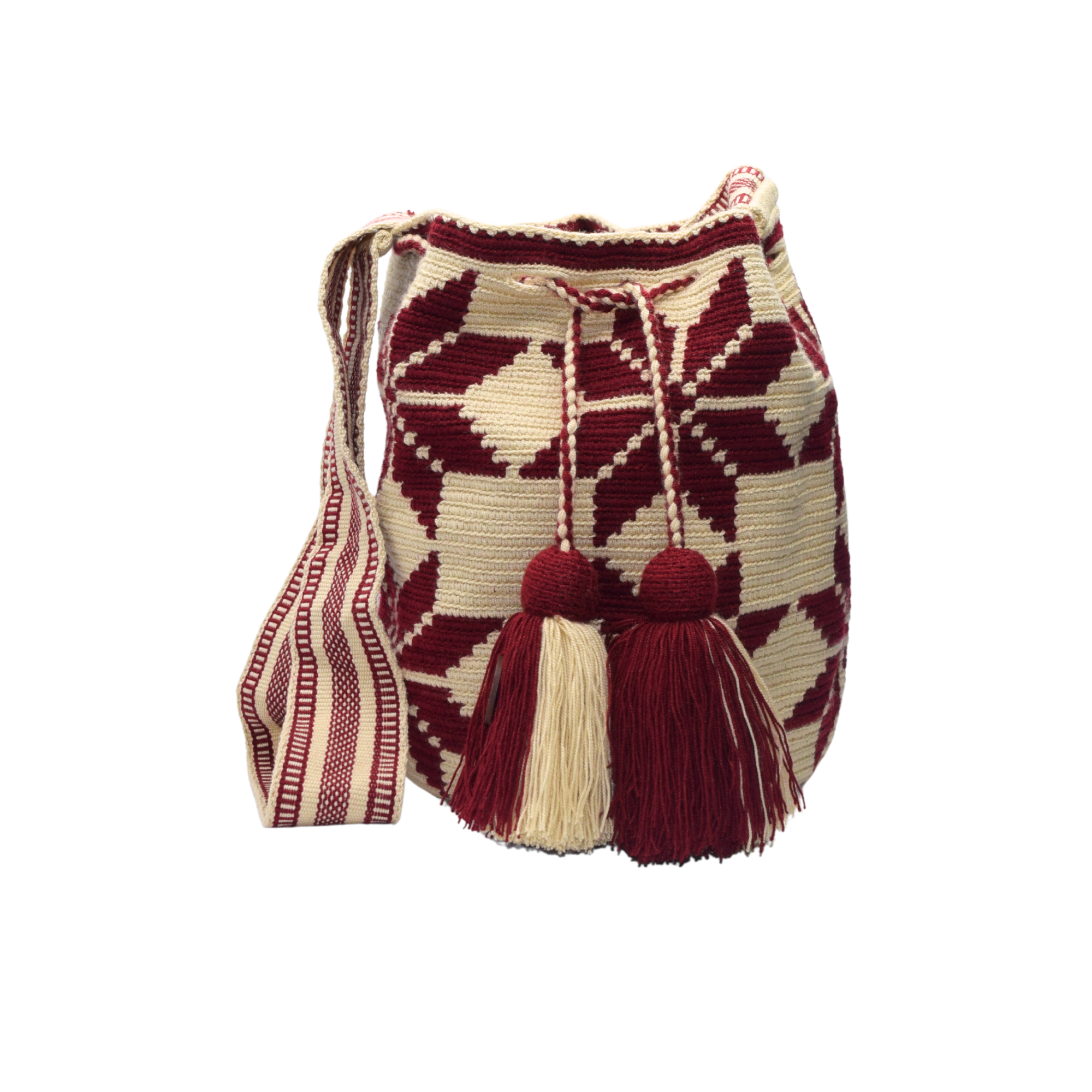 Wayuu mochila bag | Large Traditional Deluxe | Beige burgundy flowers