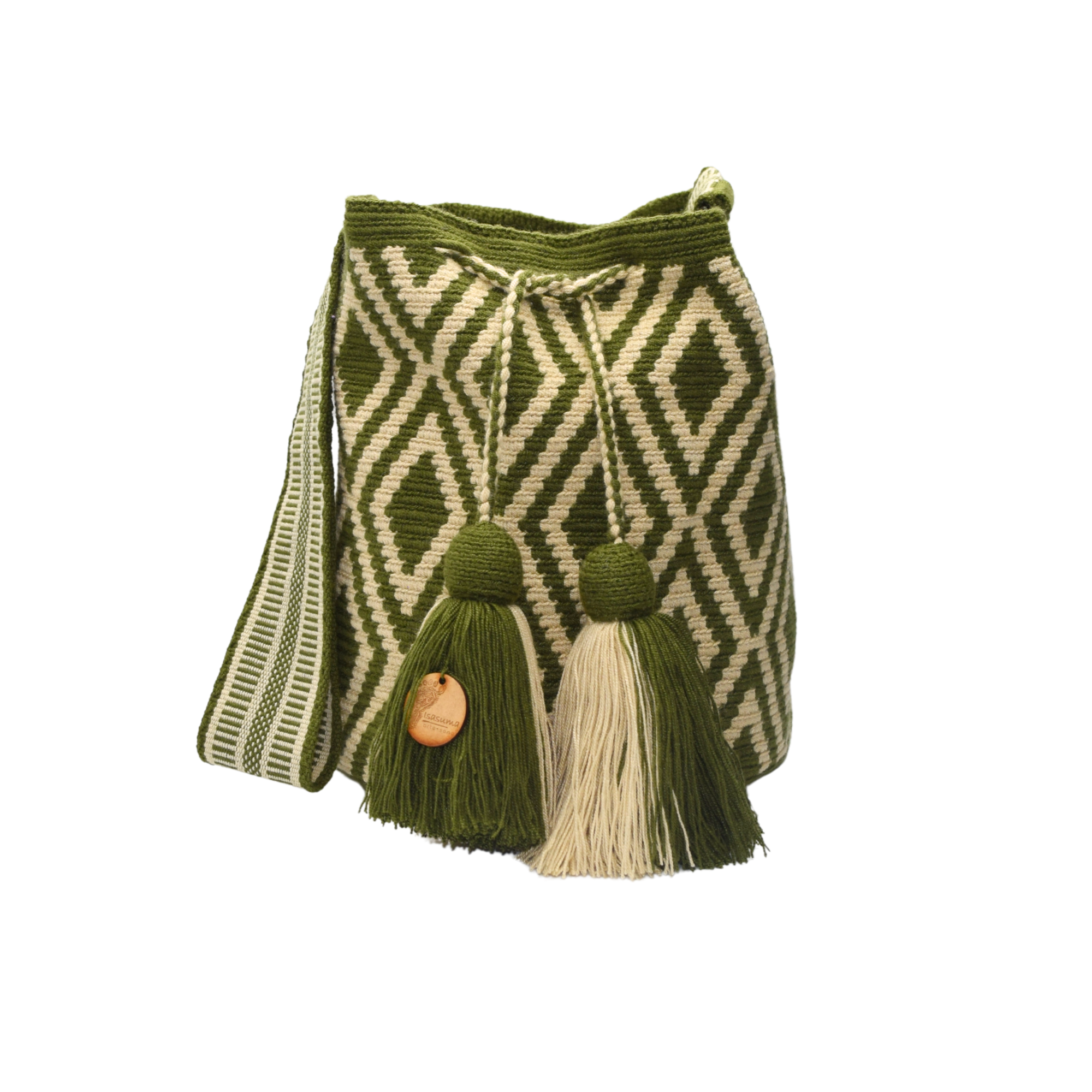Wayuu mochila bag | Large Traditional Deluxe | Beige green rhombus