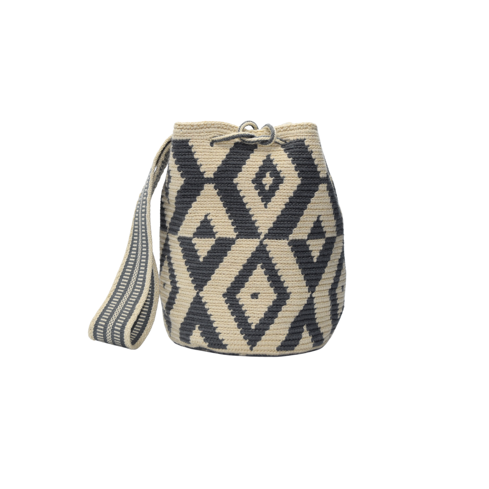 Wayuu mochila bag | Medium Traditional Deluxe | Beige and black rhombus