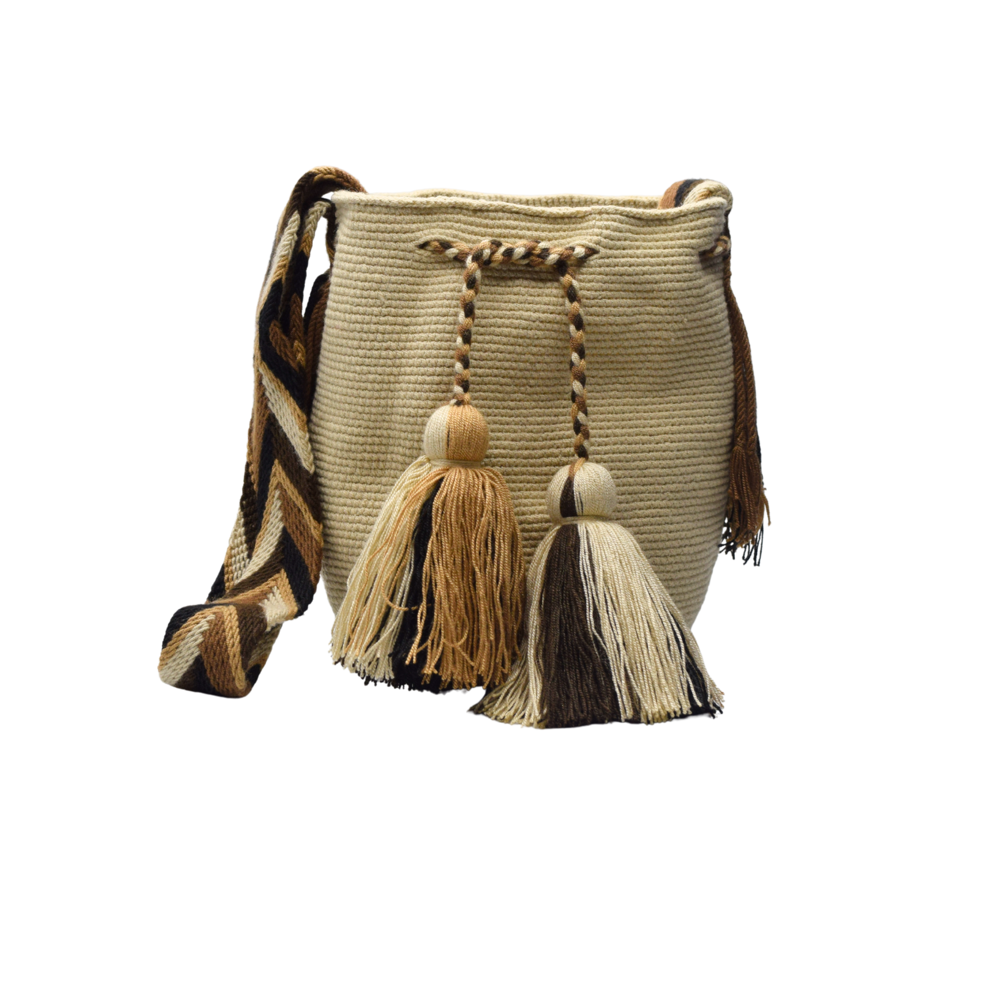 Wayuu mochila bag | Medium Traditional Deluxe | Beige and brown strap
