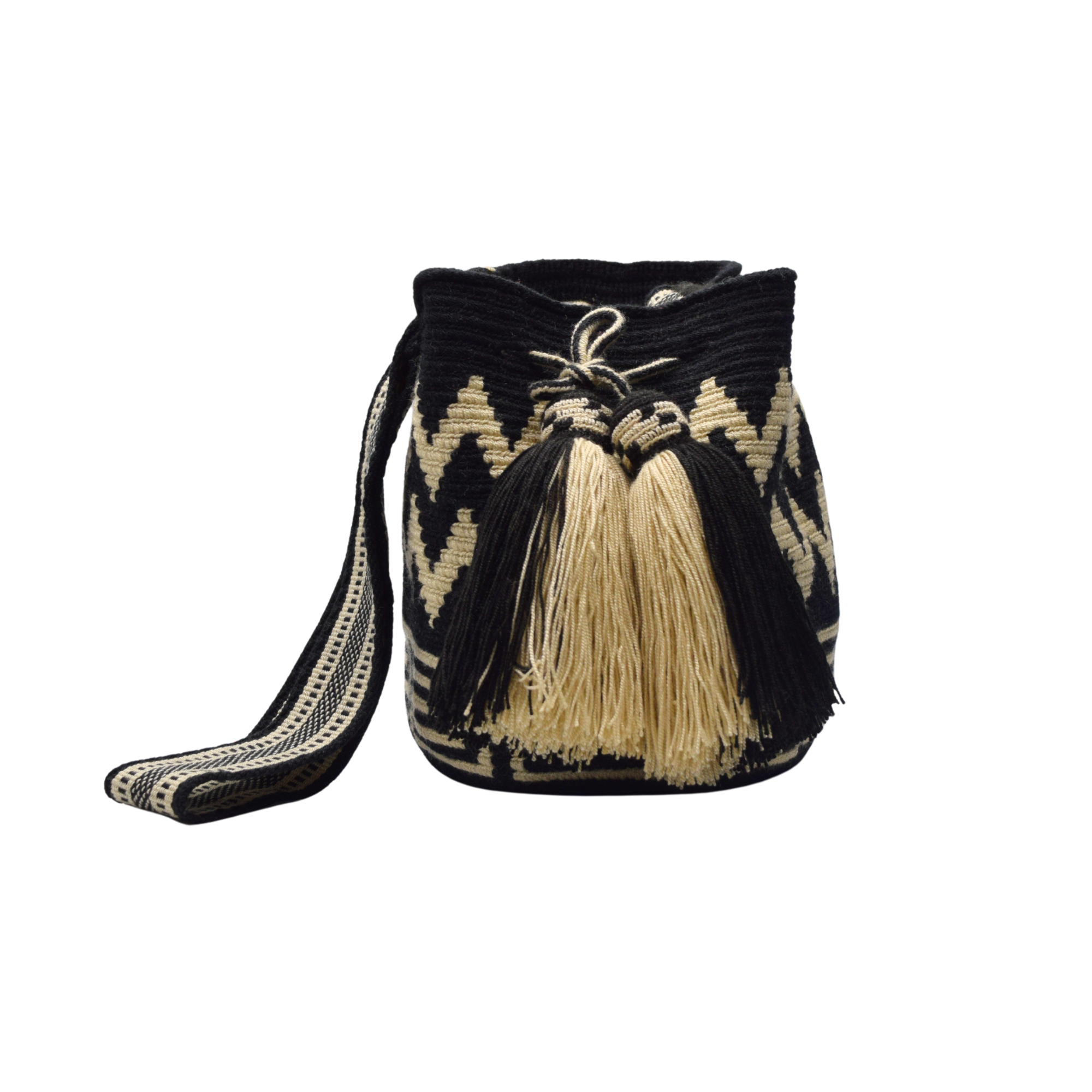 Wayuu mochila bag | Medium Traditional Deluxe | Black beige zig zag
