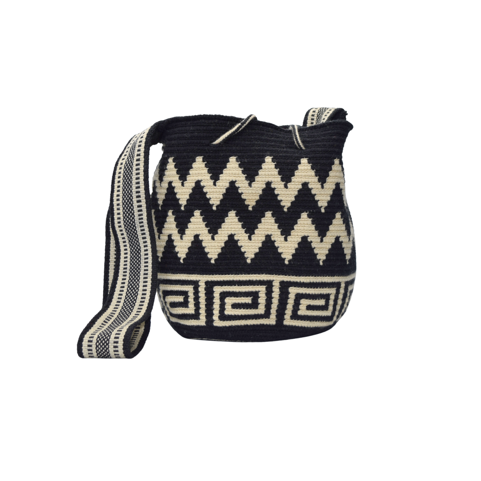 Wayuu mochila bag | Medium Traditional Deluxe | Black beige zig zag