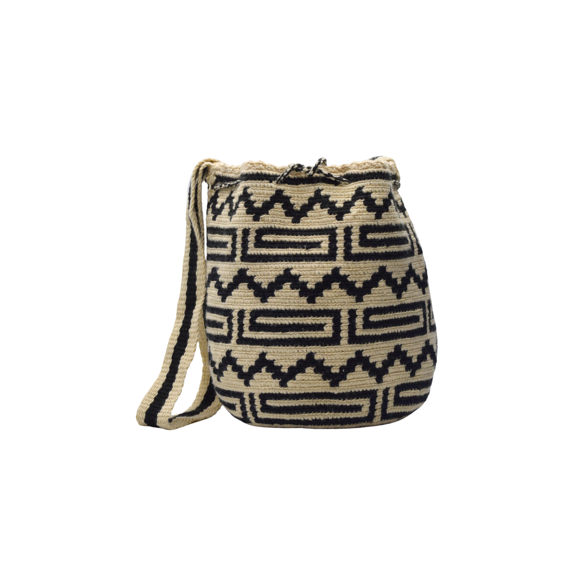 Wayuu mochila bag | Medium Traditional Deluxe | Beige and black labyrinth