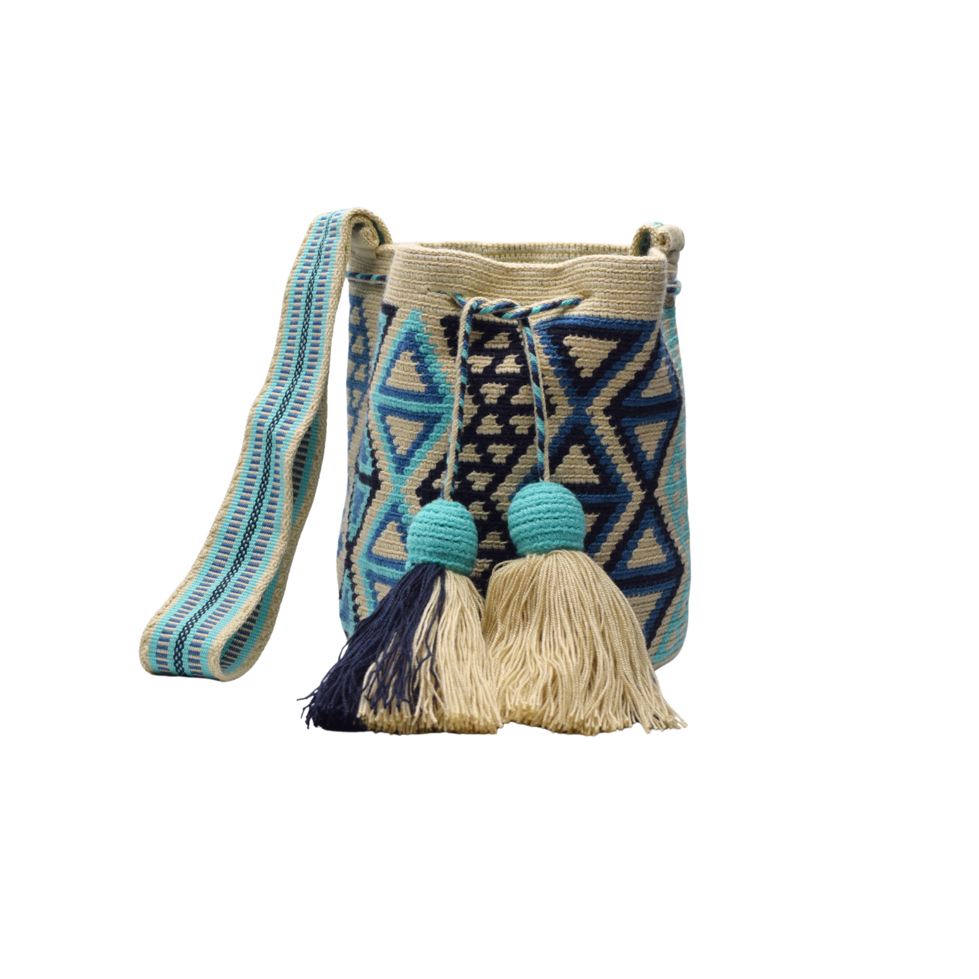 Wayuu mochila bag | Medium Traditional Deluxe | Beige and blue figures