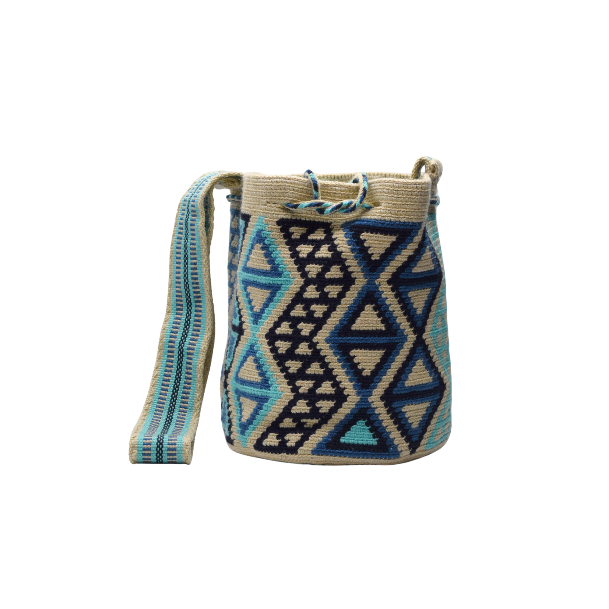 Wayuu mochila bag | Medium Traditional Deluxe | Beige and blue figures