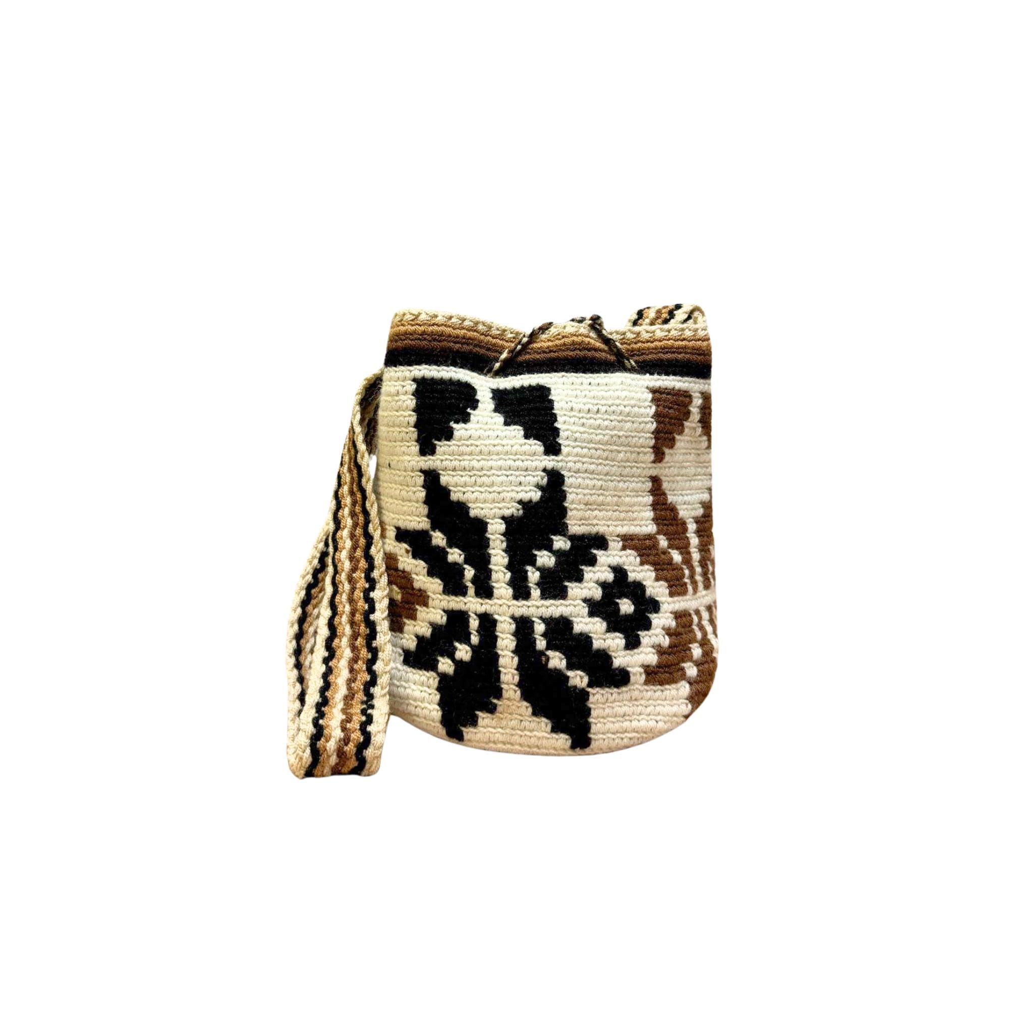 Mini Traditional Wayuu Mochila Bag | Woven Crossbody | Handmade | Boho | White and flowers brown/black