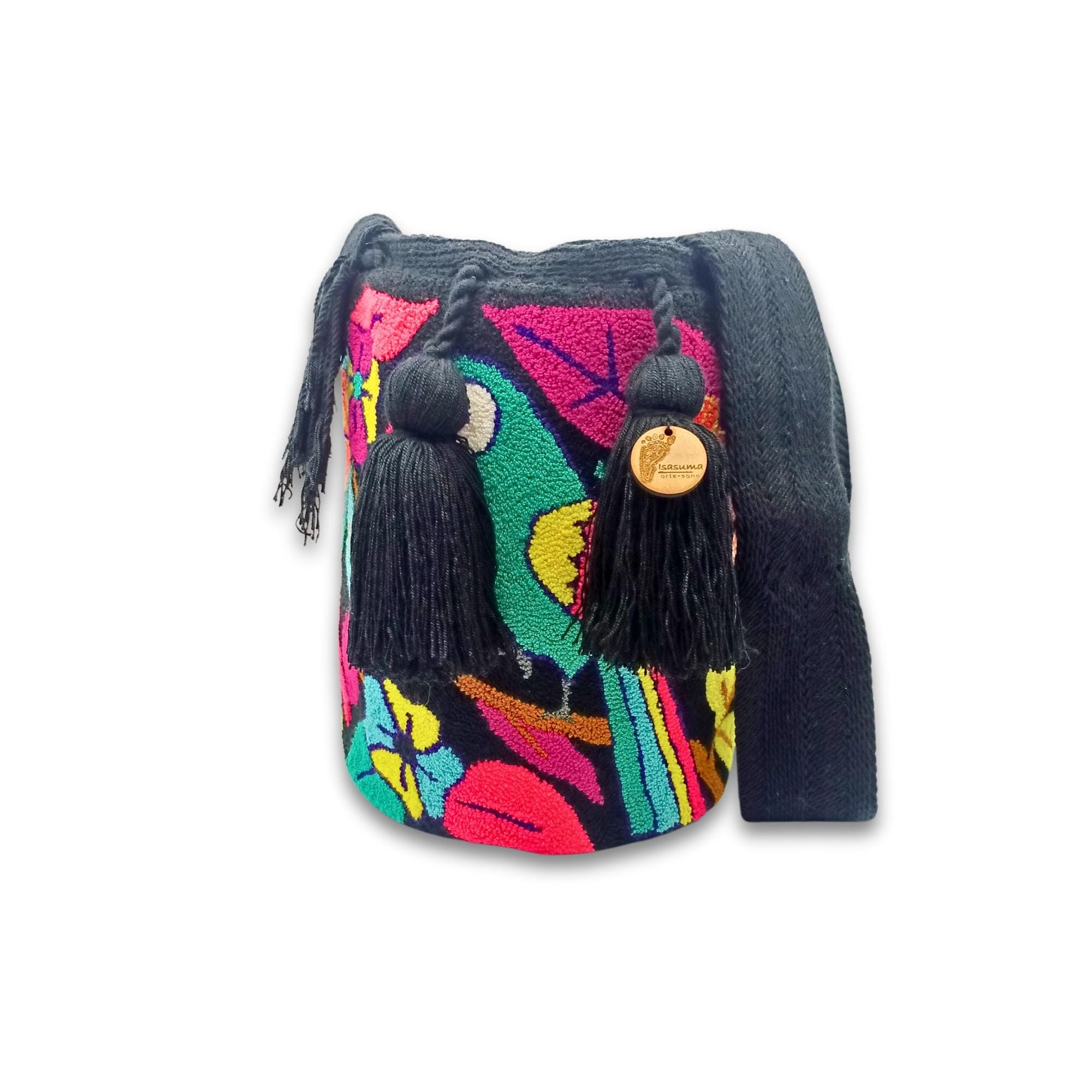 Wayuu Mochila Bag | Large Tapizada | Handmade in Colombia | Black, Green Parrot