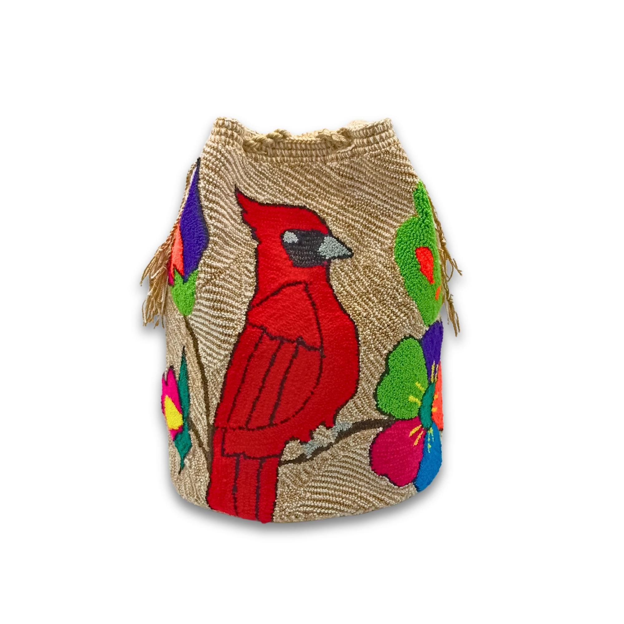 Wayuu Mochila Bag | Large Tapizada | Handmade in Colombia | Red Cardinalis Bird, Beige Base