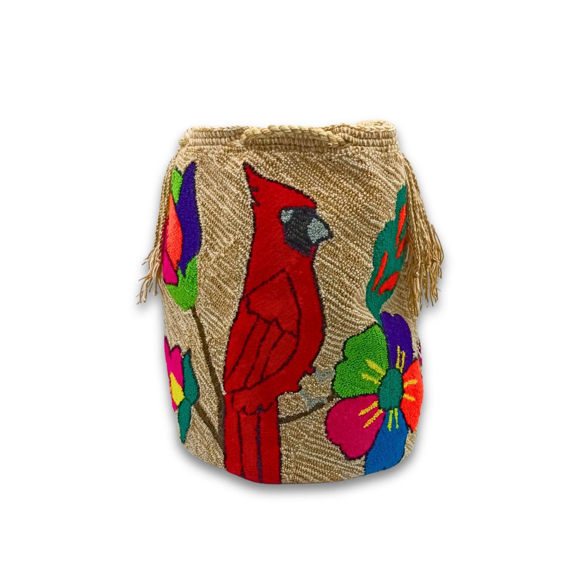 Wayuu Mochila Bag | Large Tapizada | Handmade in Colombia | Red Cardinalis Bird, Beige Base