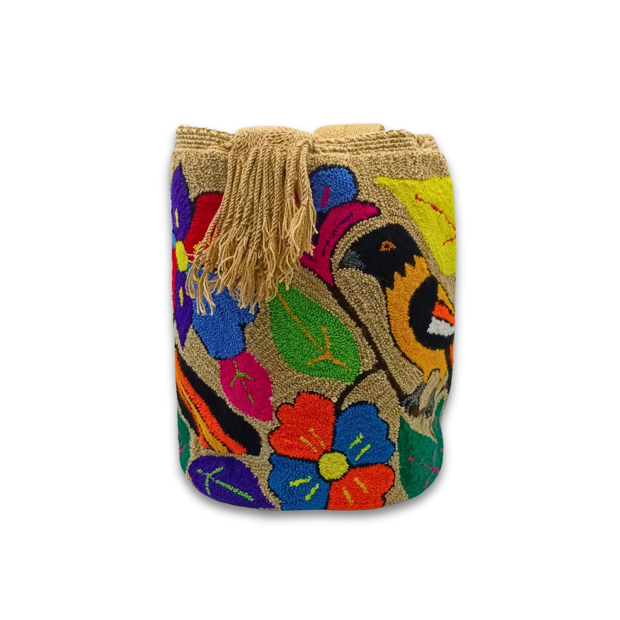 Wayuu Mochila Bag | Large Tapizada | Handmade in Colombia | Yellow, Orange and Black Bird