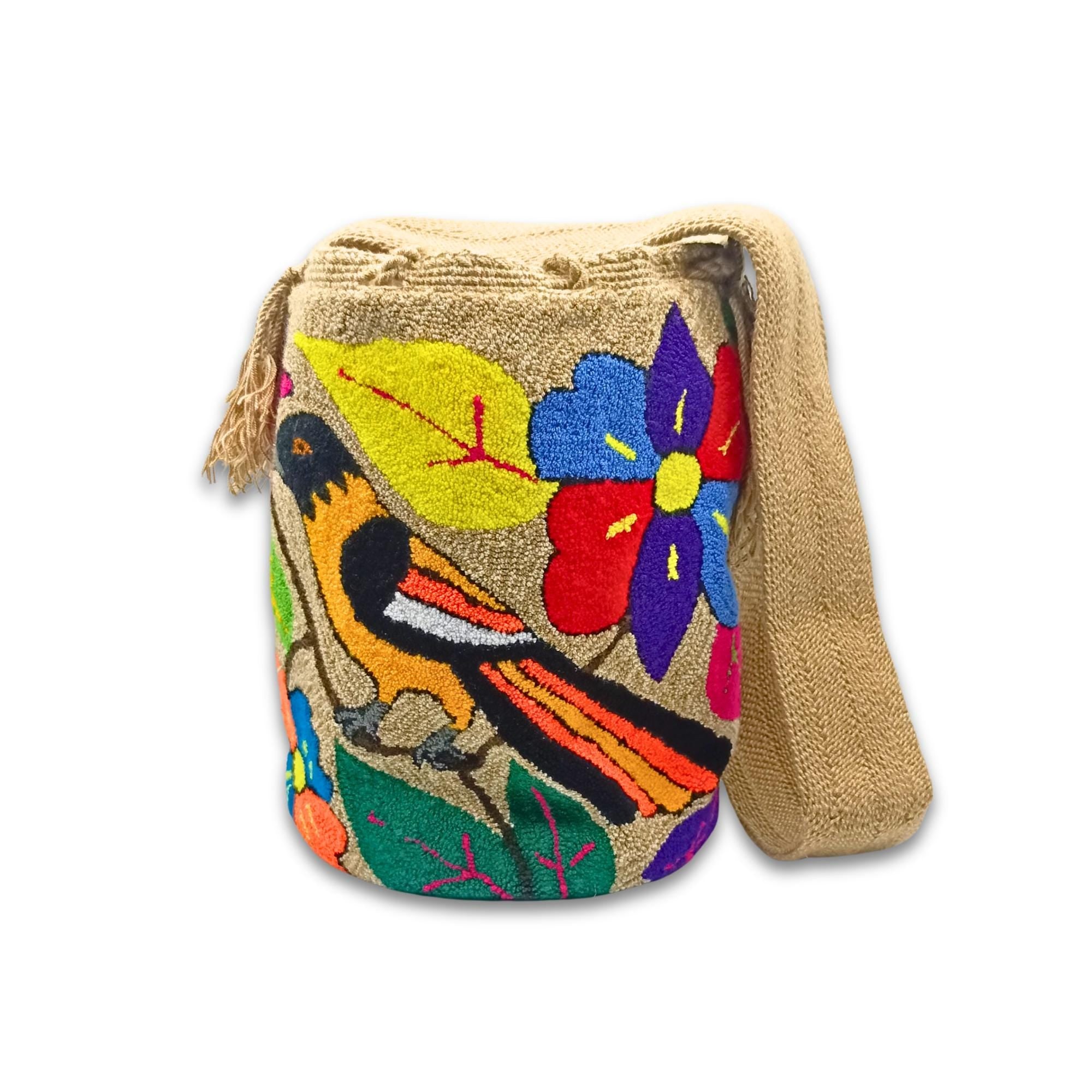Wayuu Mochila Bag | Large Tapizada | Handmade in Colombia | Yellow, Orange and Black Bird