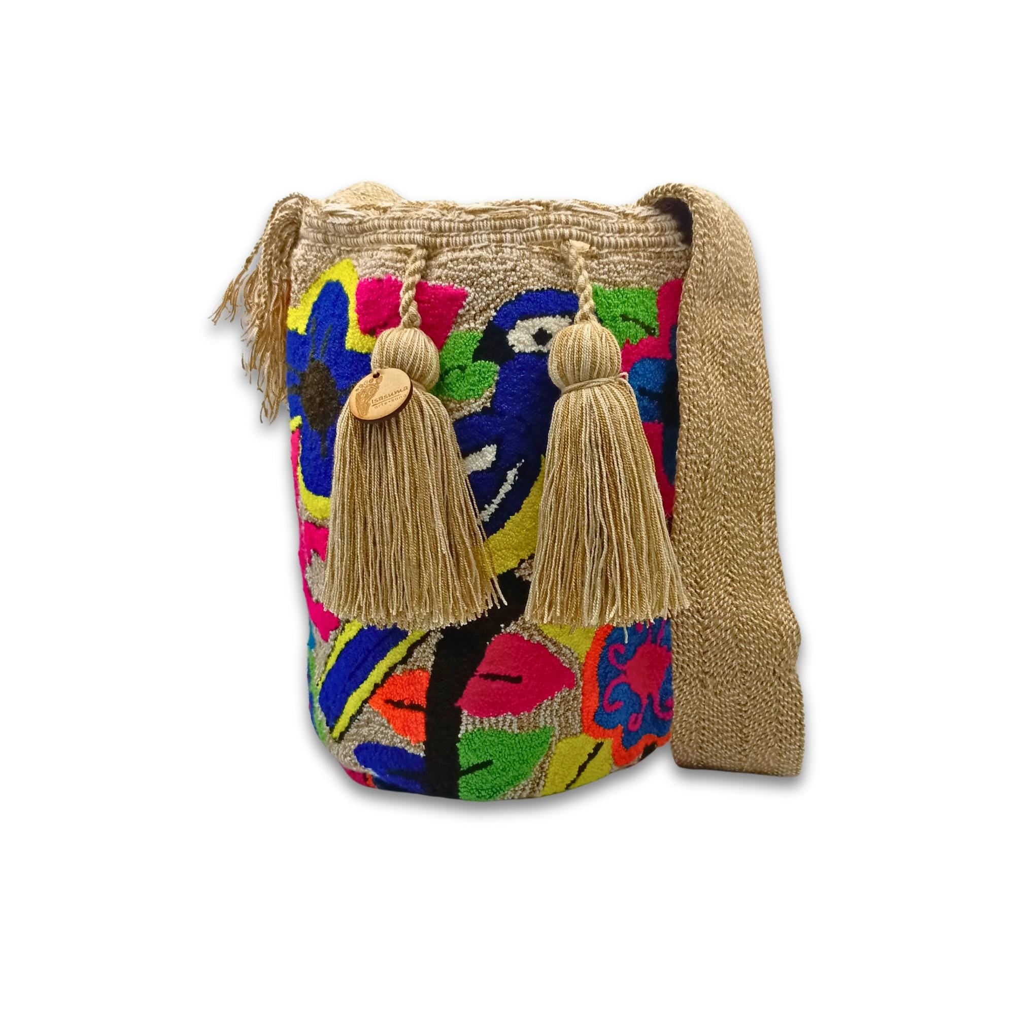 Wayuu Mochila Bag | Large Tapizada | Handmade in Colombia | Yellow, and blue Bird, Beige base