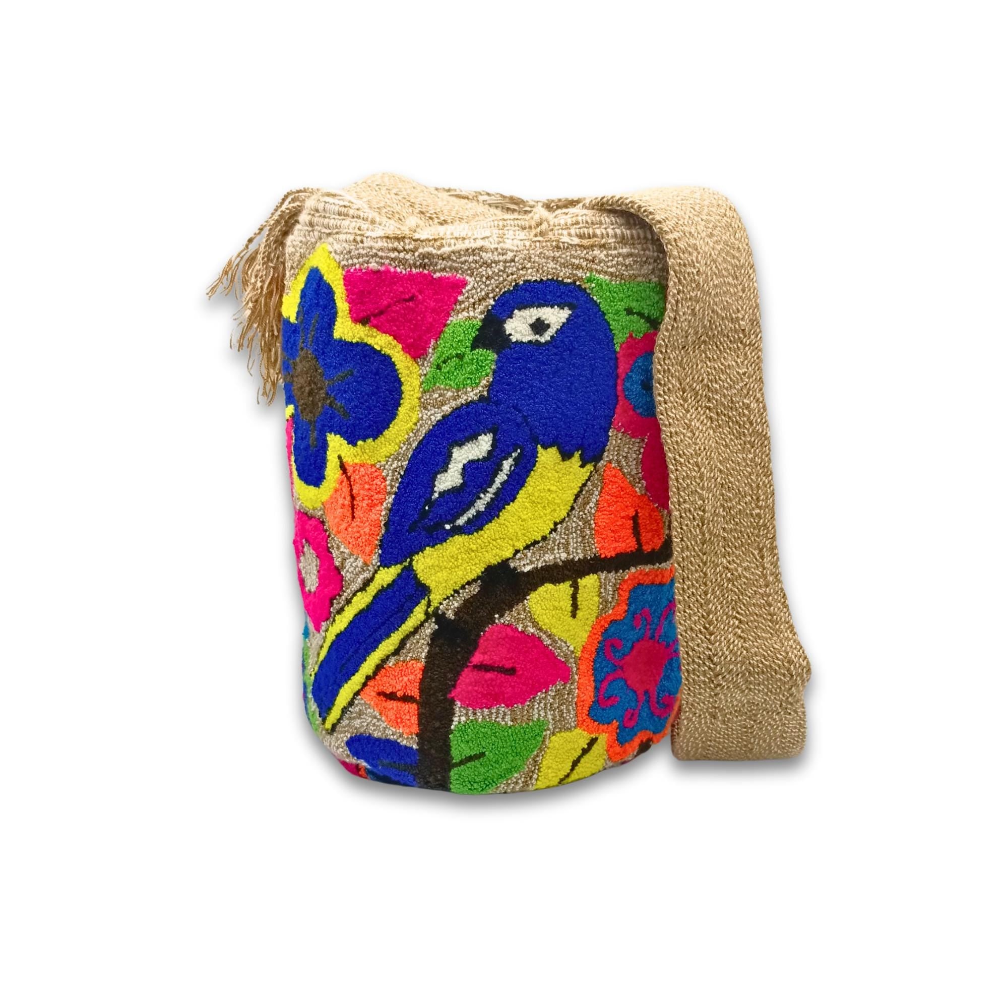 Wayuu Mochila Bag | Large Tapizada | Handmade in Colombia | Yellow, and blue Bird, Beige base