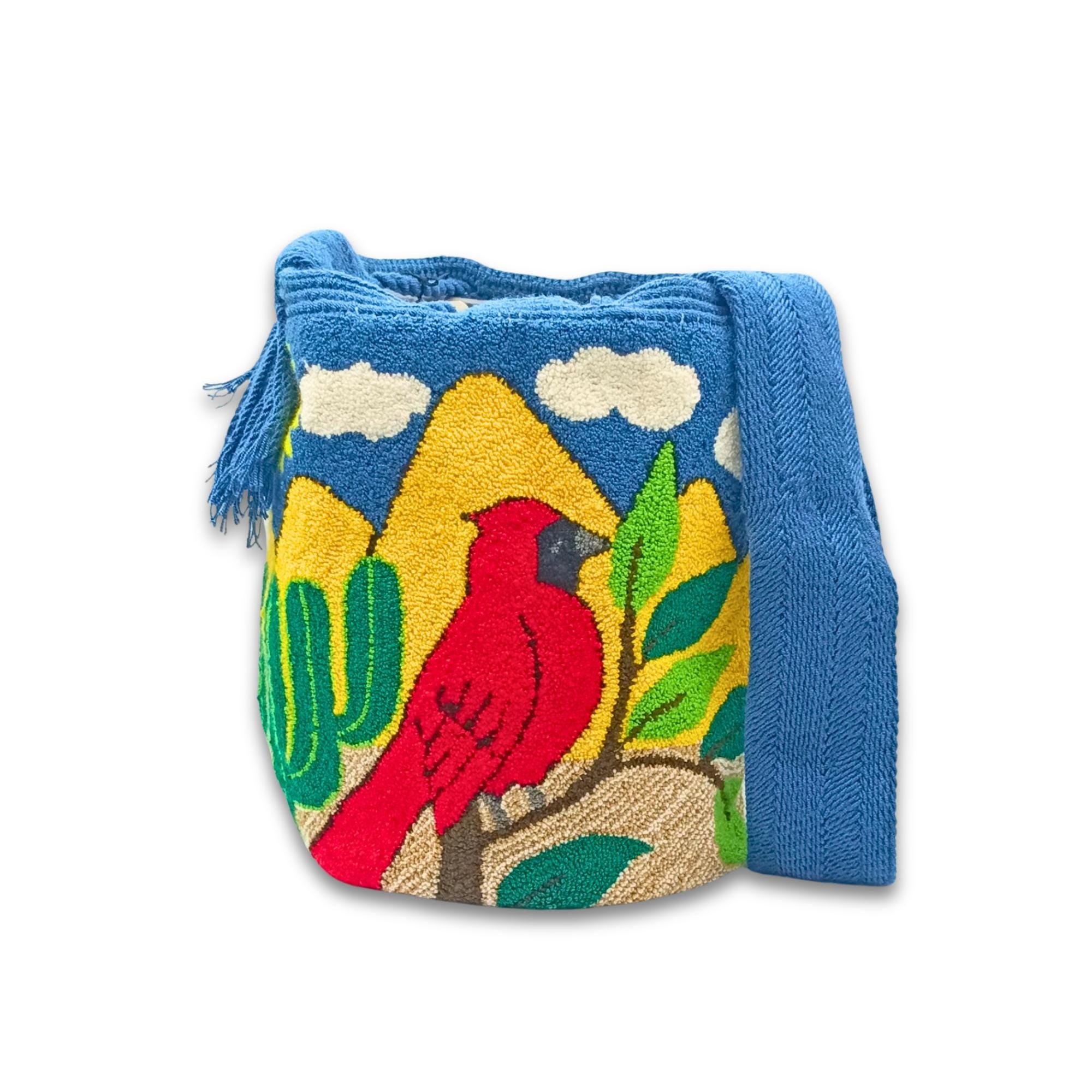 Wayuu Mochila Bag | Large Tapizada | Handmade in Colombia | Red Cardinalis Bird, in the desert