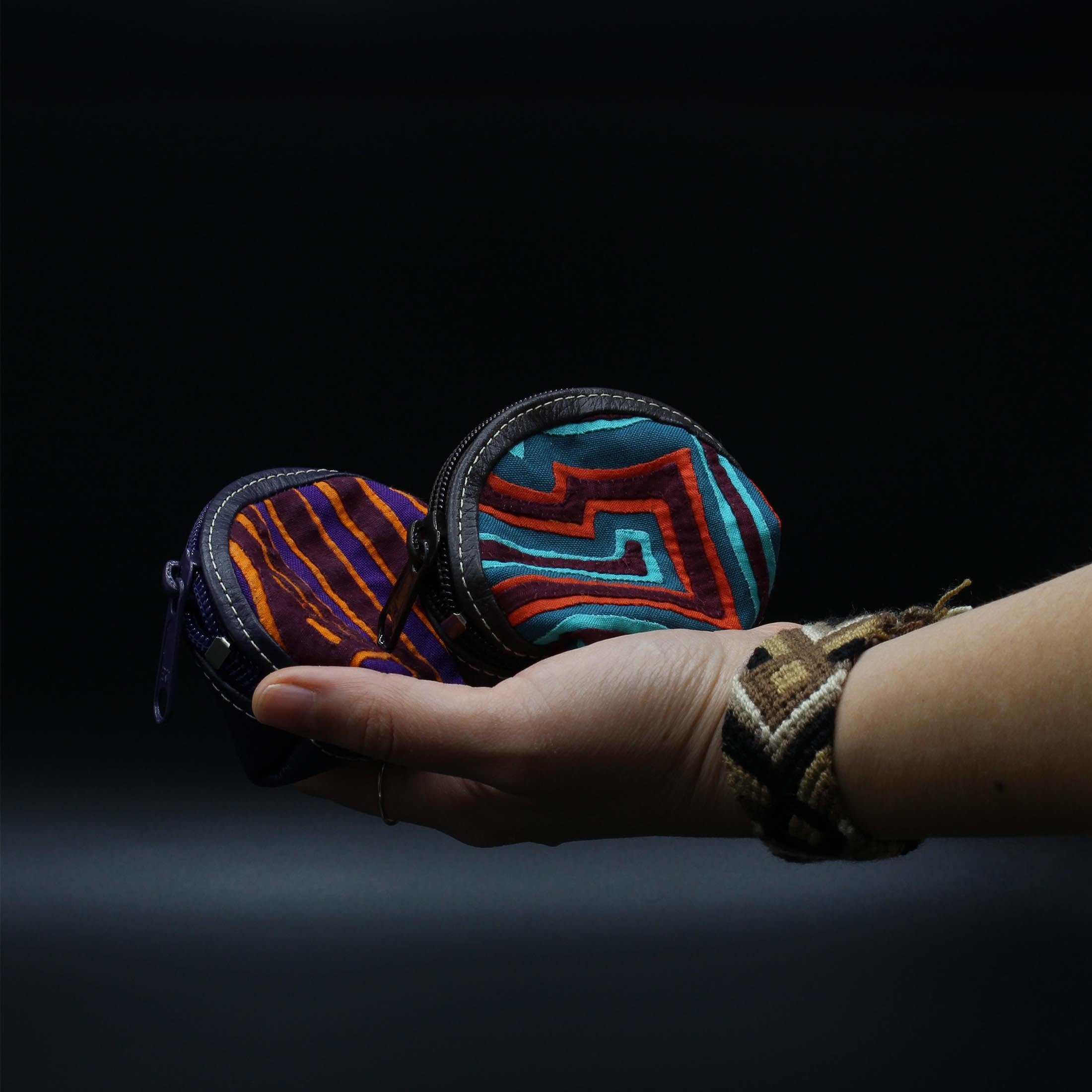 Mola + Leather Change Coin Purse | Handmade Mola Kuna Tribe