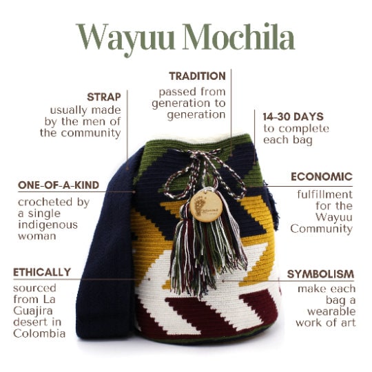 X-Large Colombian Wayuu Mochila Tote Bag | Handmade | Beige, multicolor lines