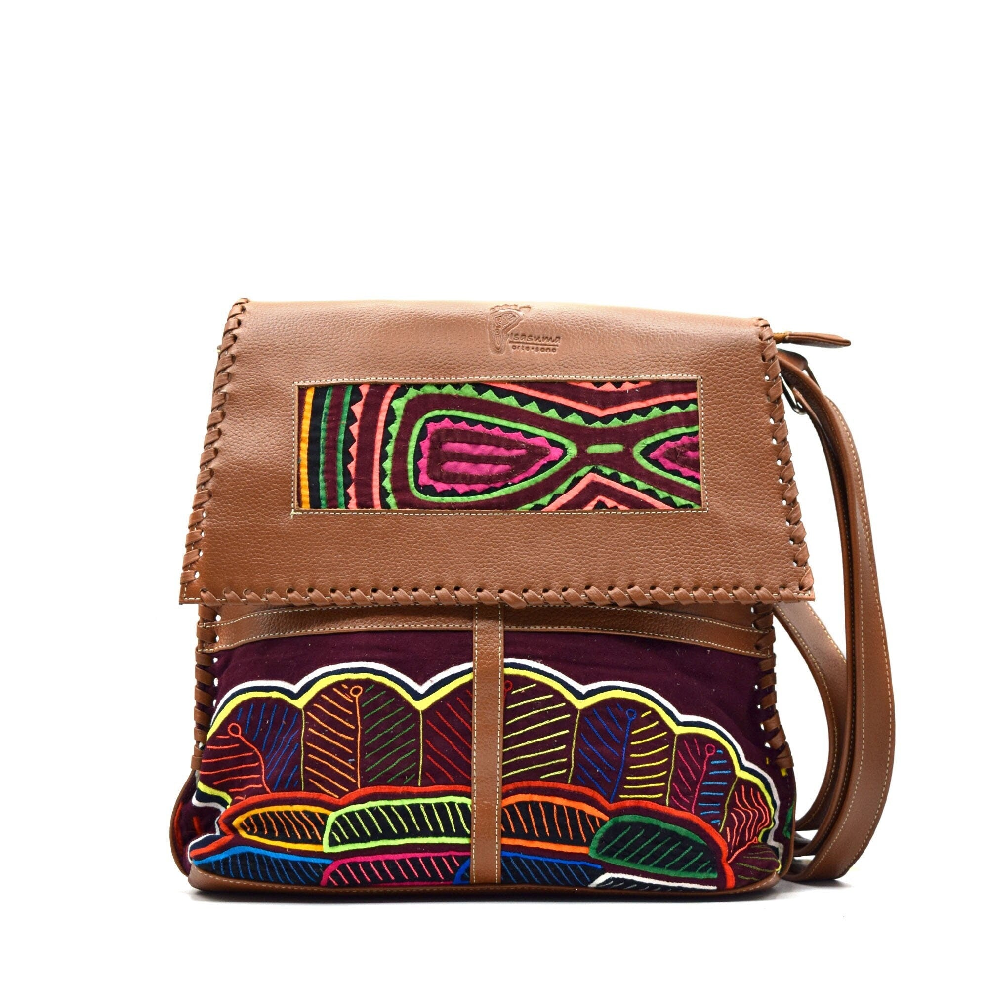Leather Messenger Bag | Mola Appliqué | Gifts ideas for her | Boho Bag | Shoulder Bag | Crossbody Bag | Hippie Bag