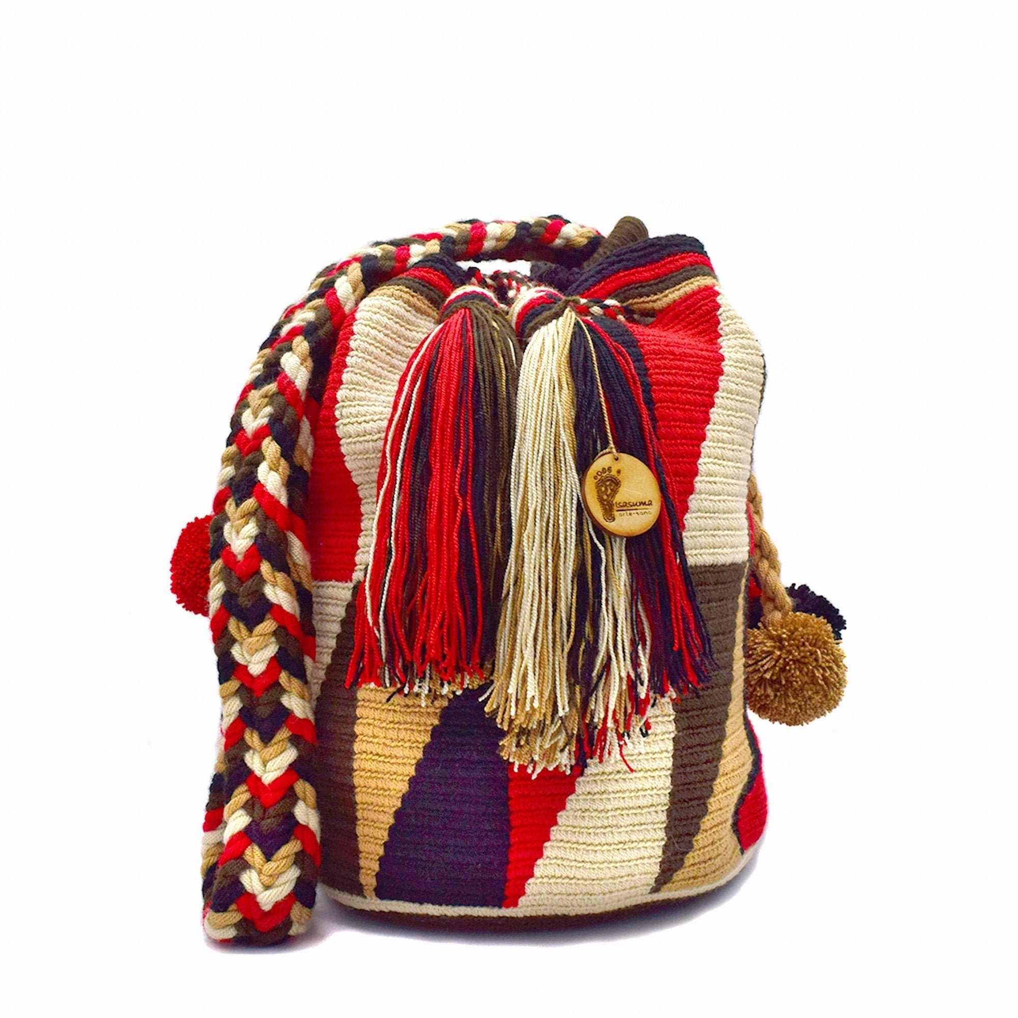 Large Colombian Wayuu Mochila Tote Bag | Beige Red Brown