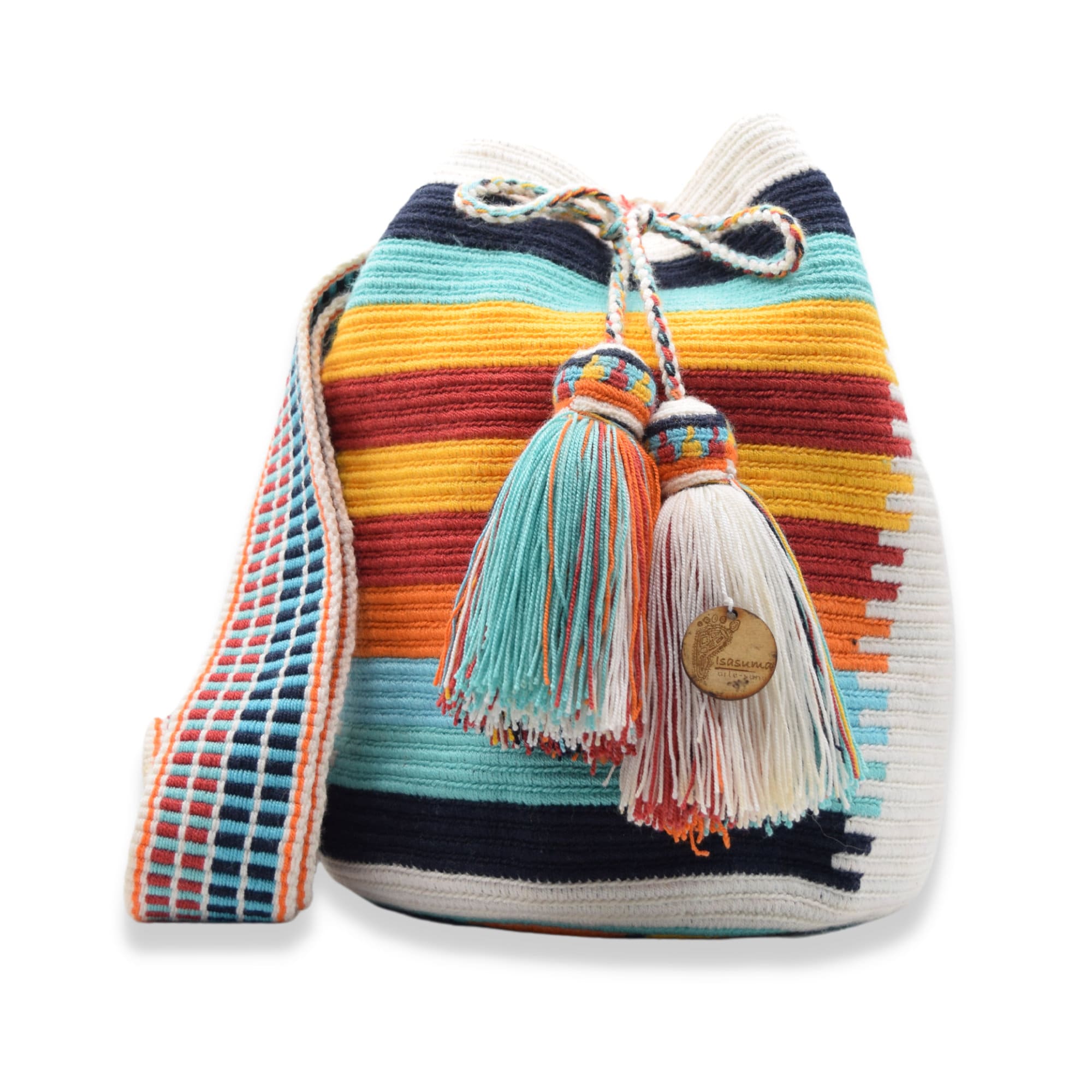 Deluxe Wayuu mochila bag | Large Tradicional | White colorful lines horizontal