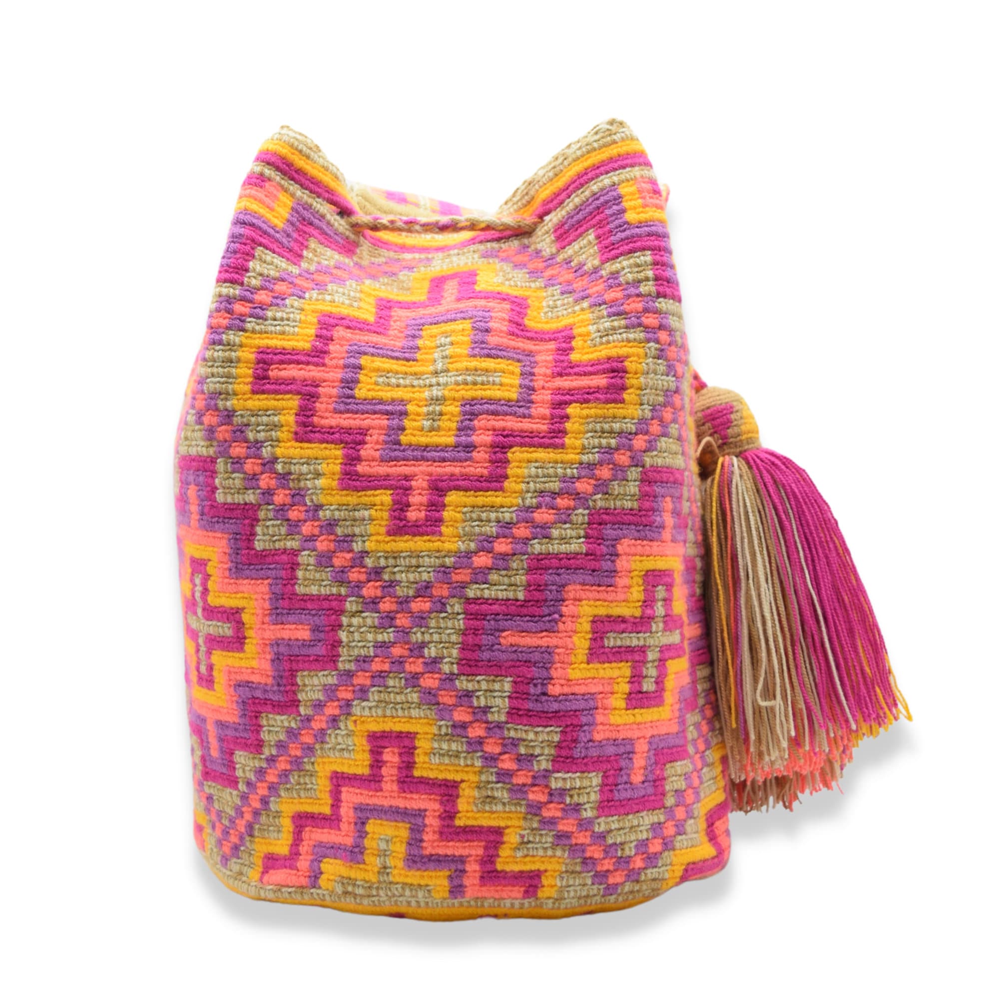 Deluxe Wayuu mochila bag | Large Tradicional | Pink and yellow crosses
