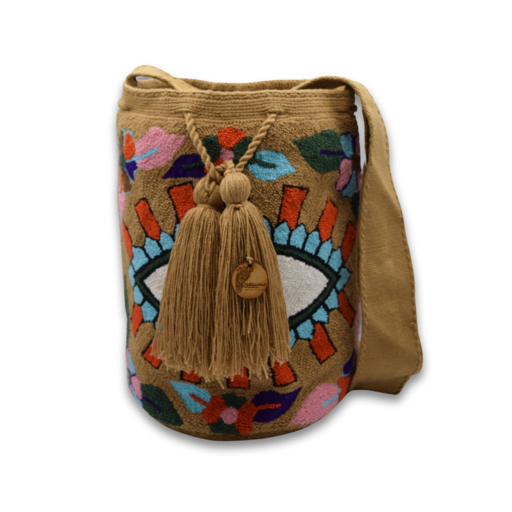 Wayuu Mochila Bag | Large Tapizada | Handmade in Colombia | Tan, Purple and Pink Evil Lucky Awaken Eye