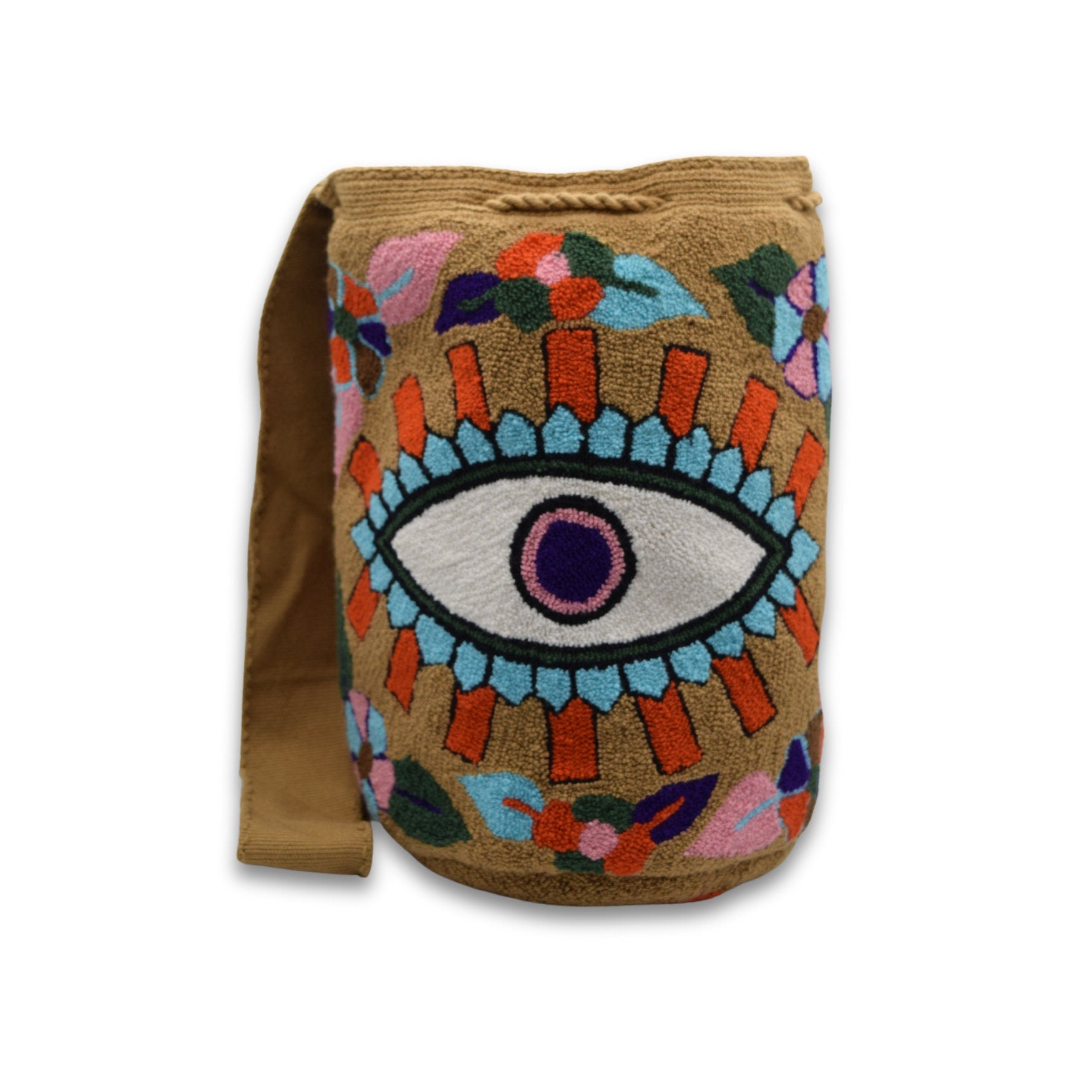 Wayuu Mochila Bag | Large Tapizada | Handmade in Colombia | Tan, Purple and Pink Evil Lucky Awaken Eye